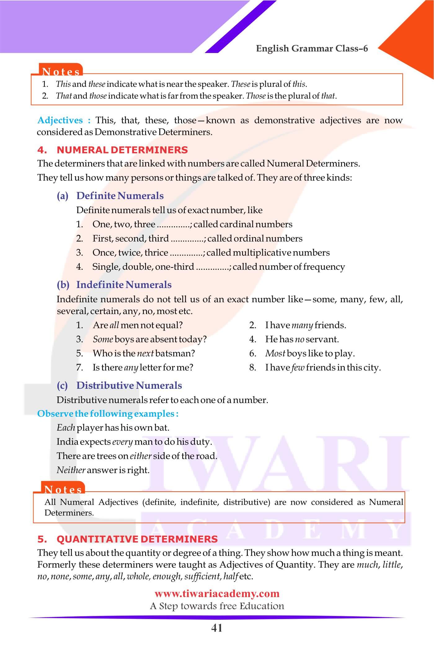 Class 6 Grammar Determiners Assignments