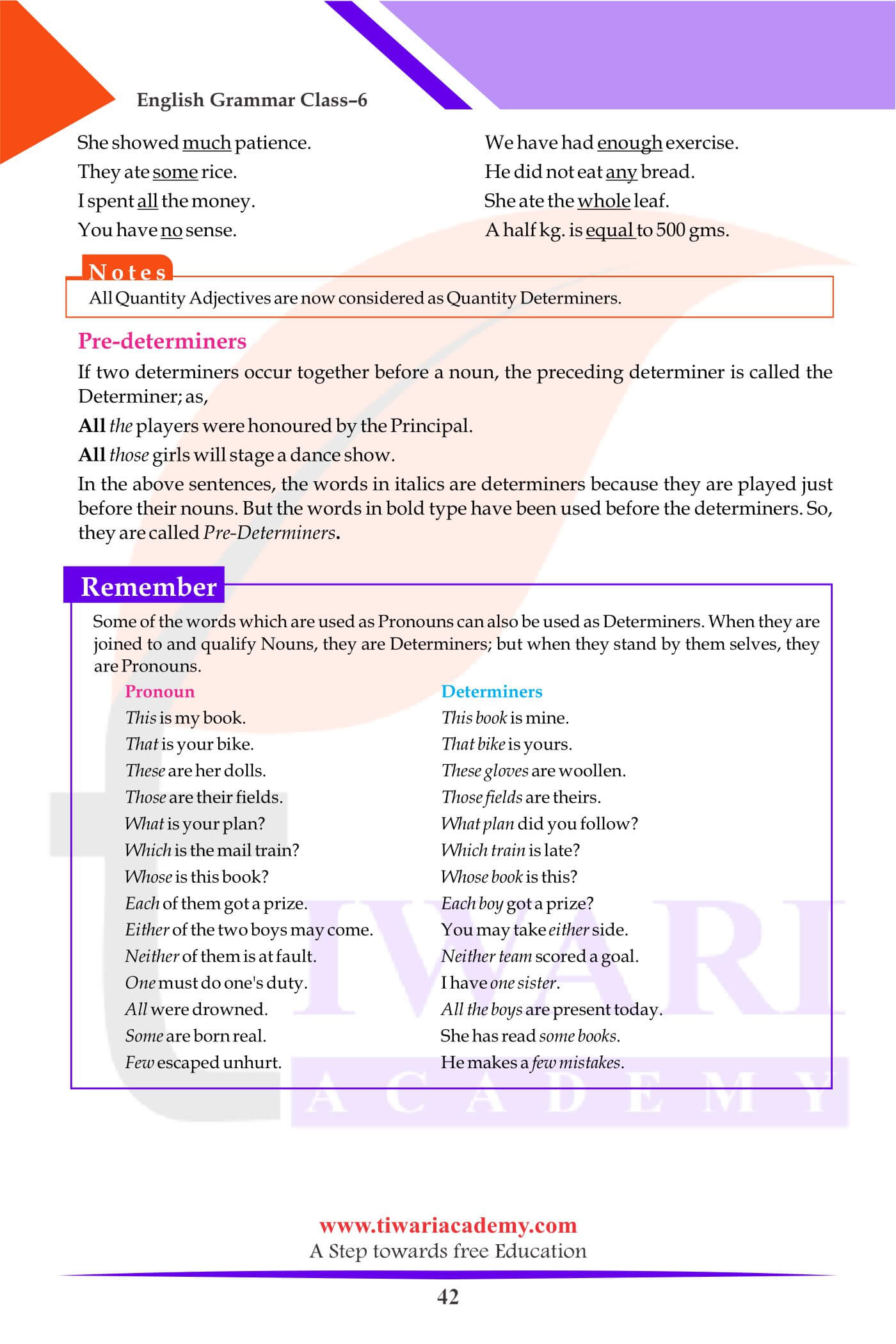 Class 6 Grammar Determiners test