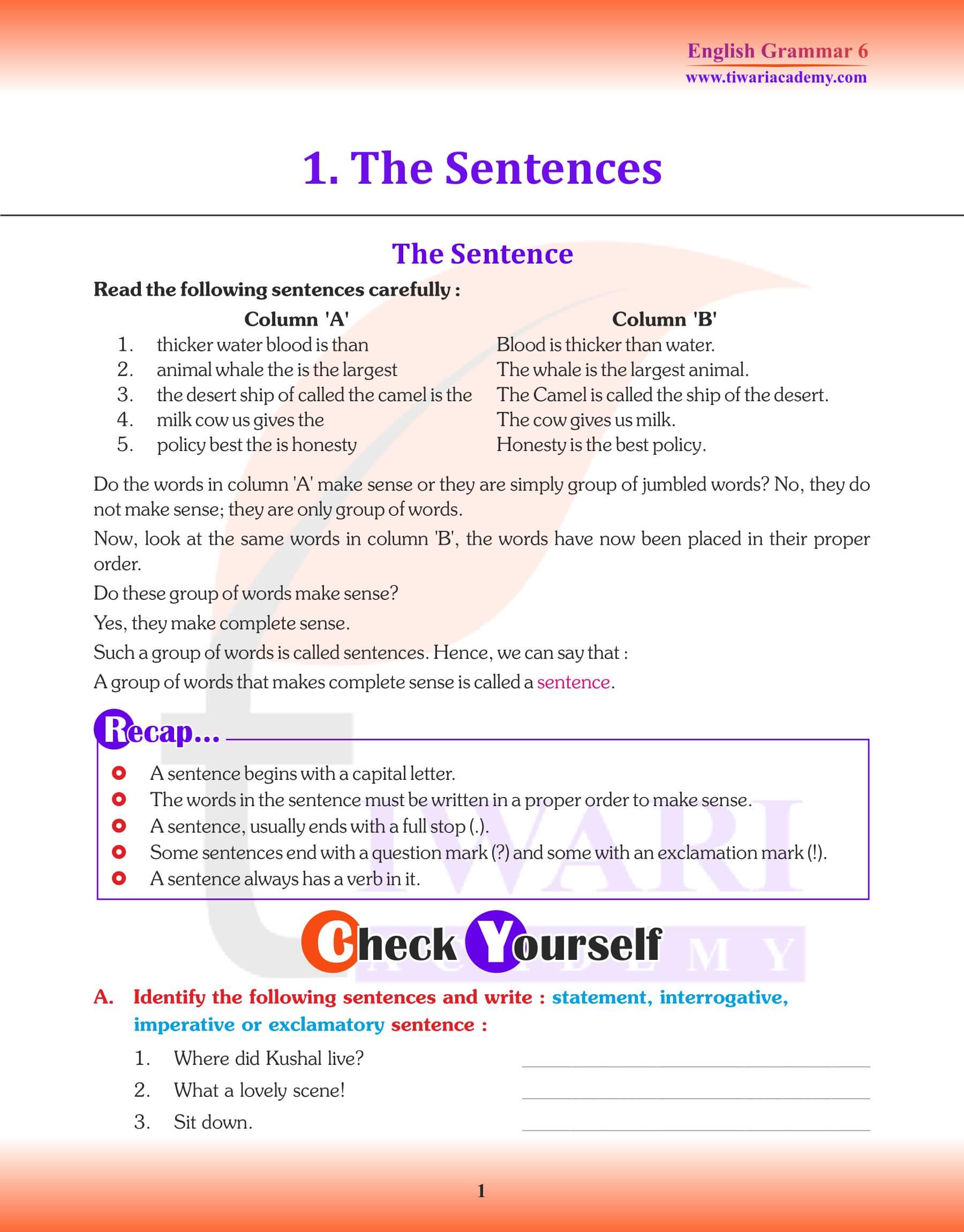 Class 6 English Grammar A sentence Revision