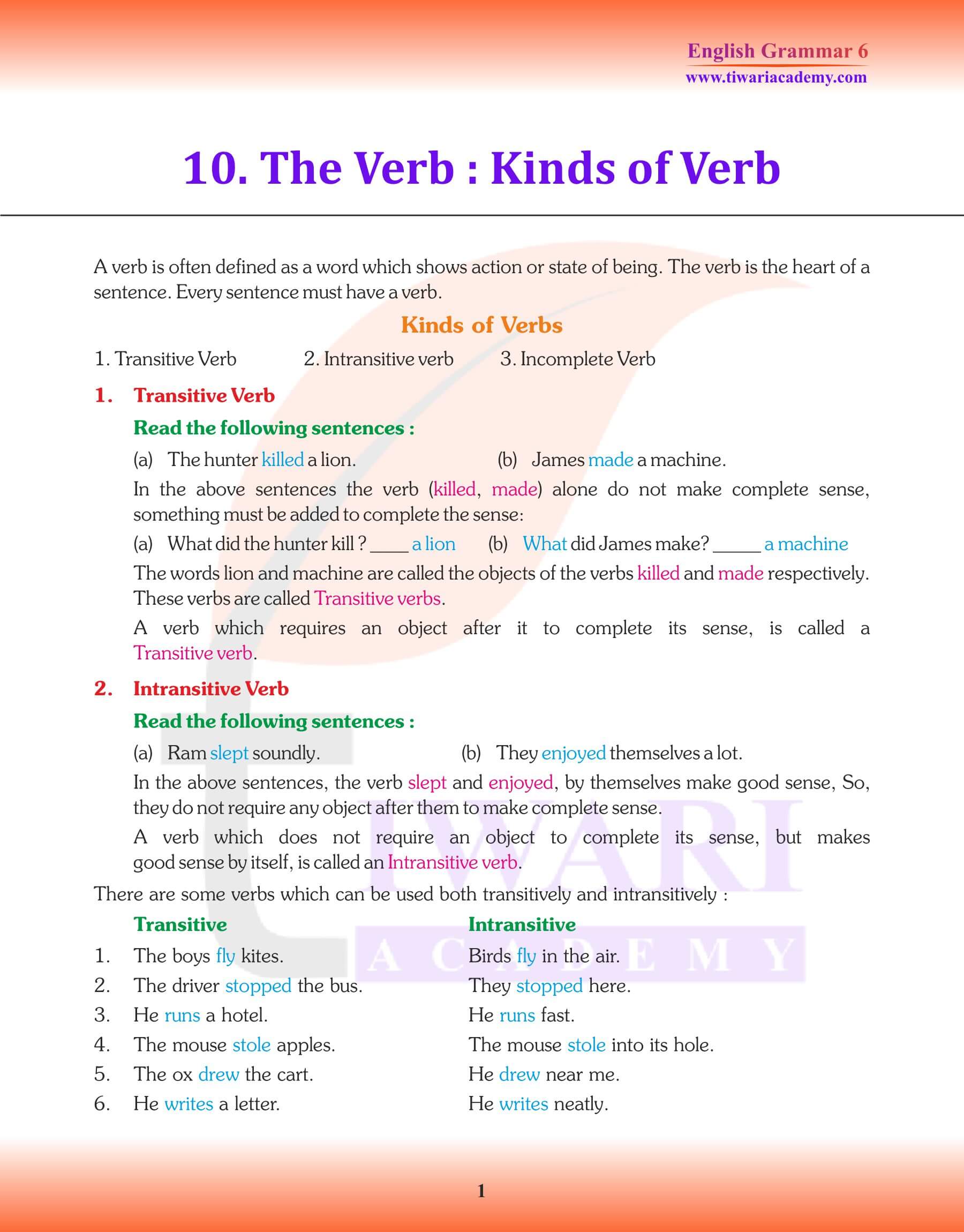 Class 6 English Grammar The Verb Kinds of Verb Revision book