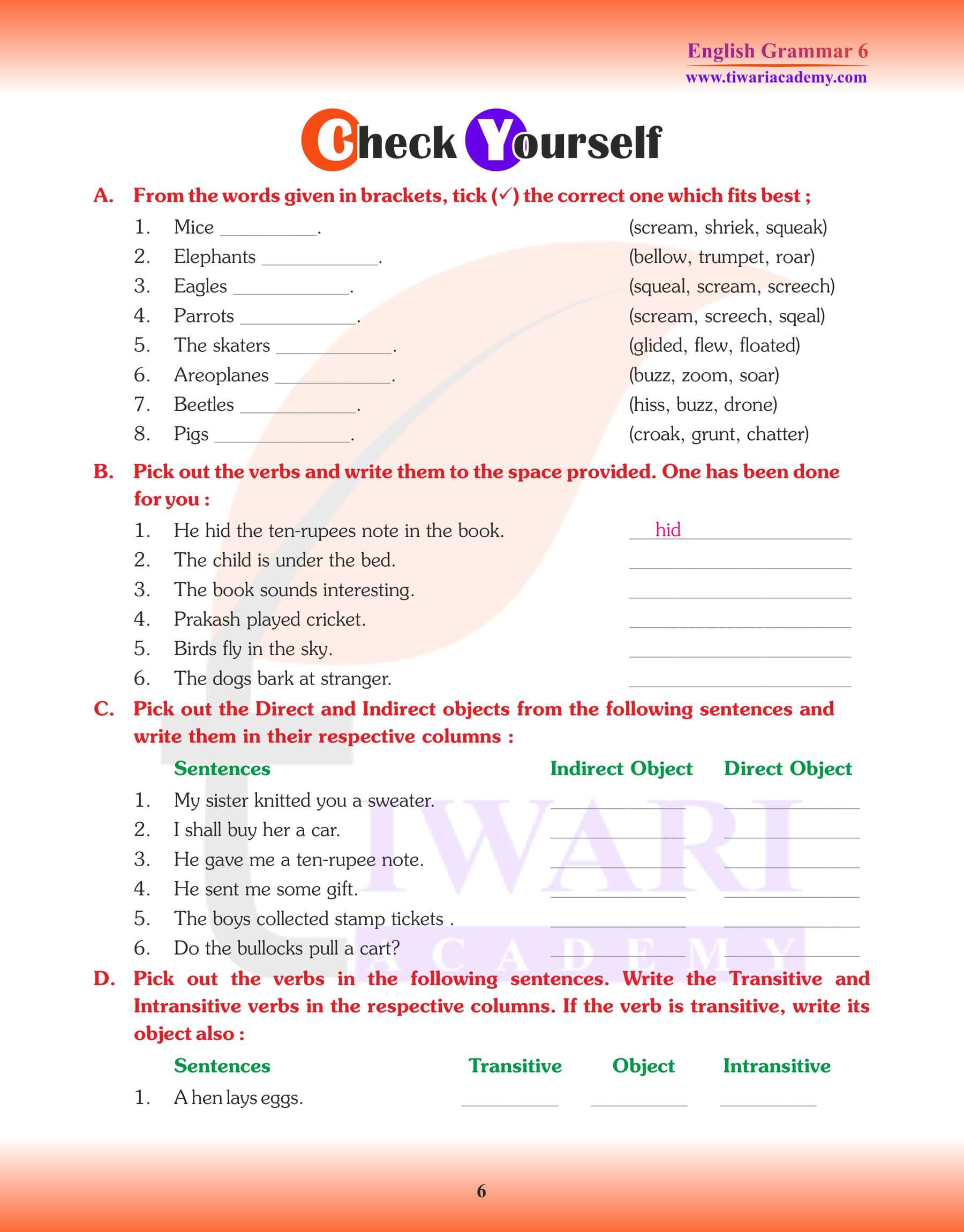 Grade 6 Grammar Verbs Forms assignments