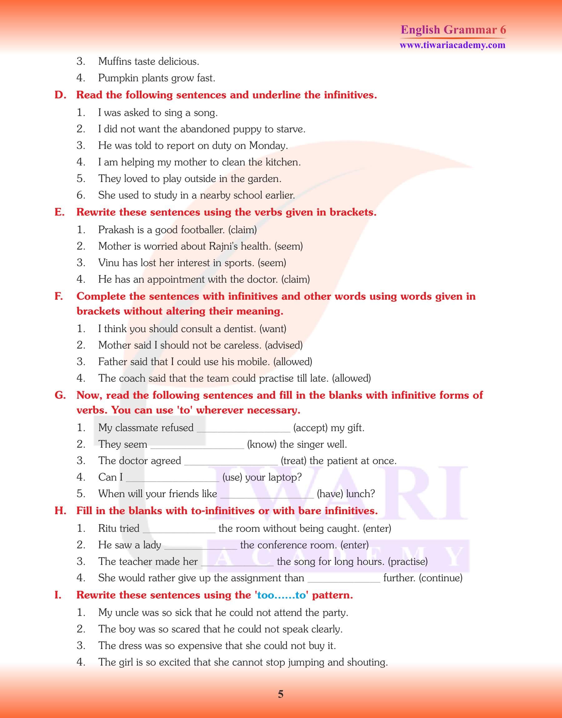 Class 6 English Grammar Non-finite verbs revision book