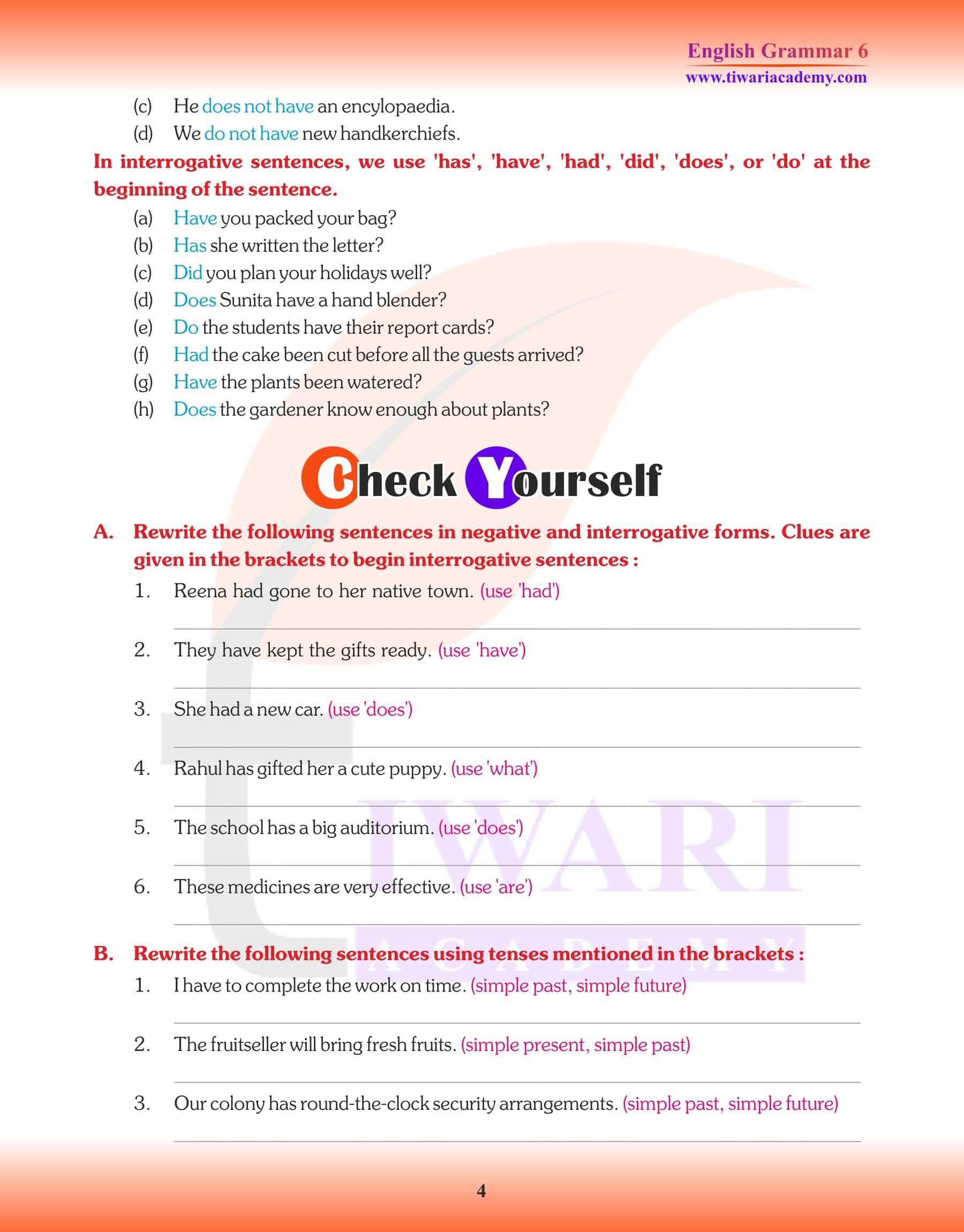 Class 6 English Grammar Simple Tenses Exercises