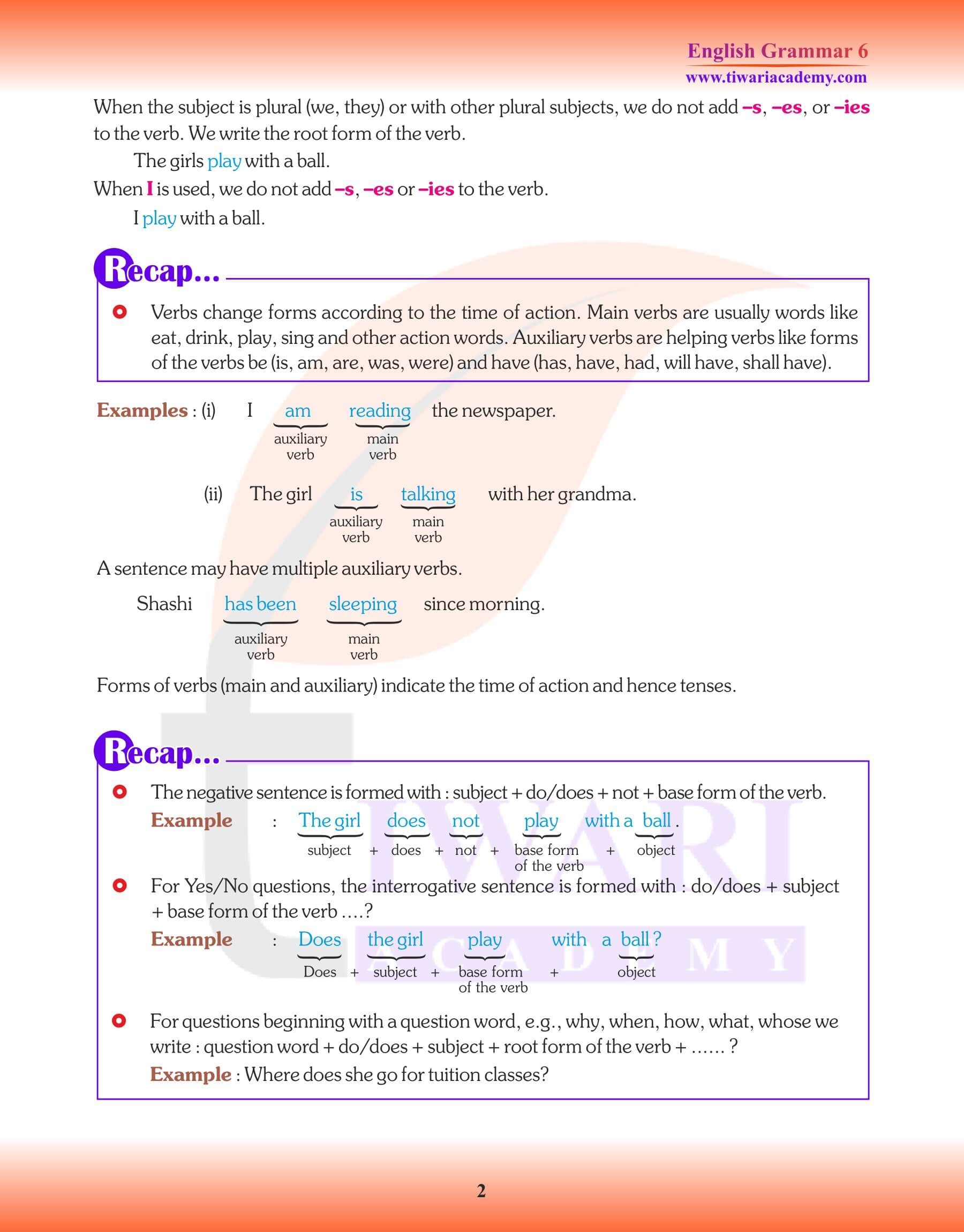 Class 6 Grammar Verbs Continuous Tenses Revision book