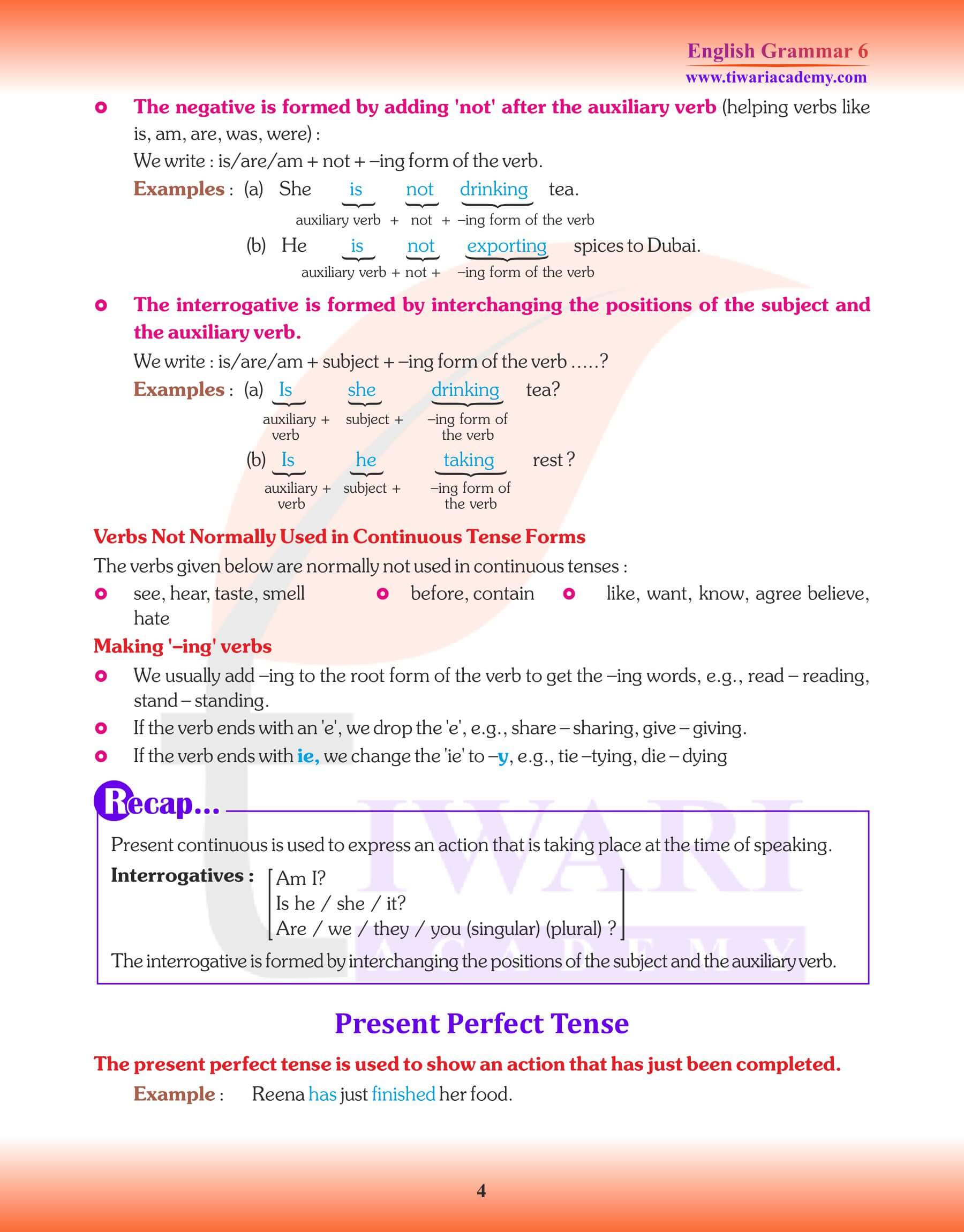 Class 6 Grammar Continuous Tenses Notes