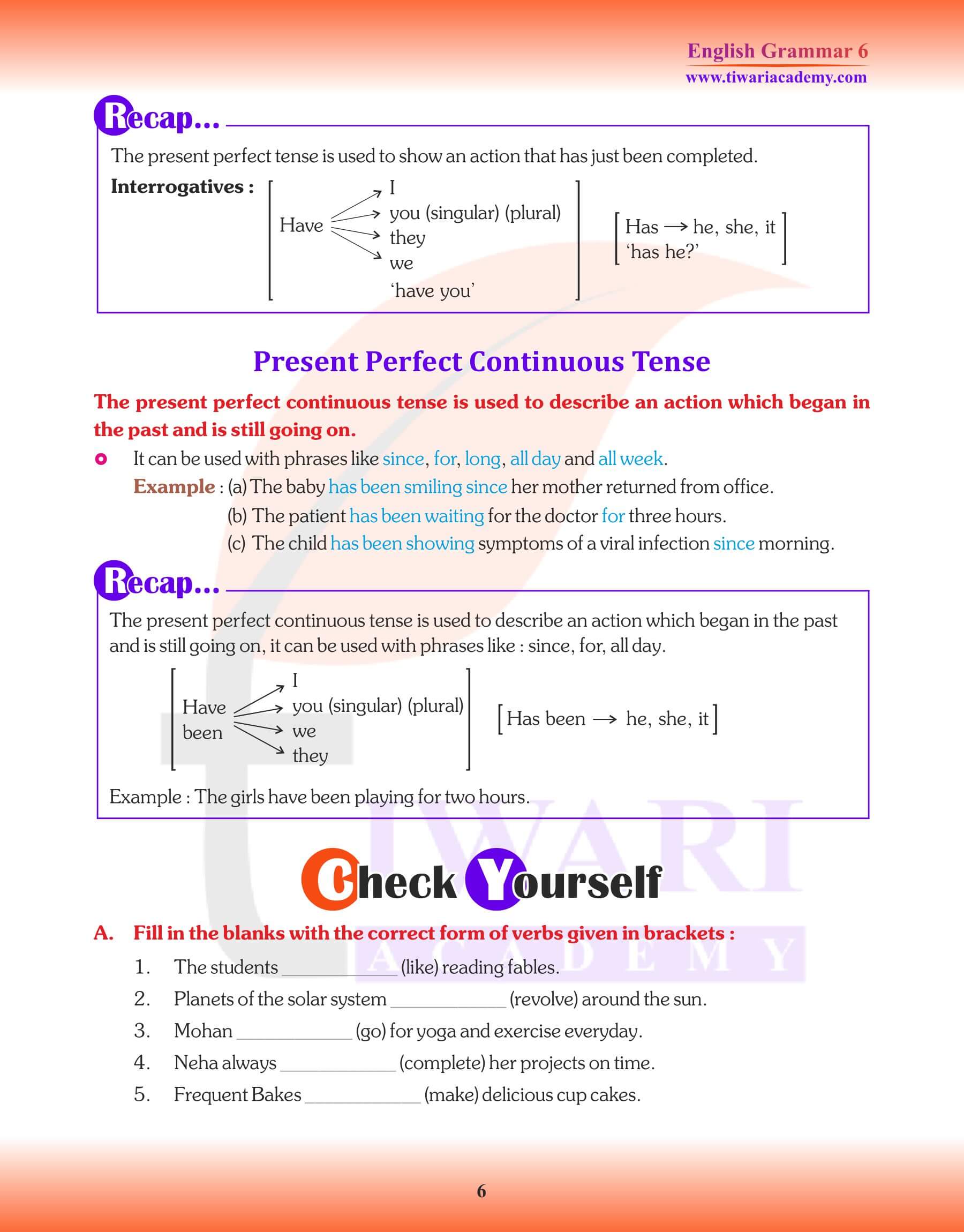 Class 6 Grammar Continuous Tenses Exercises