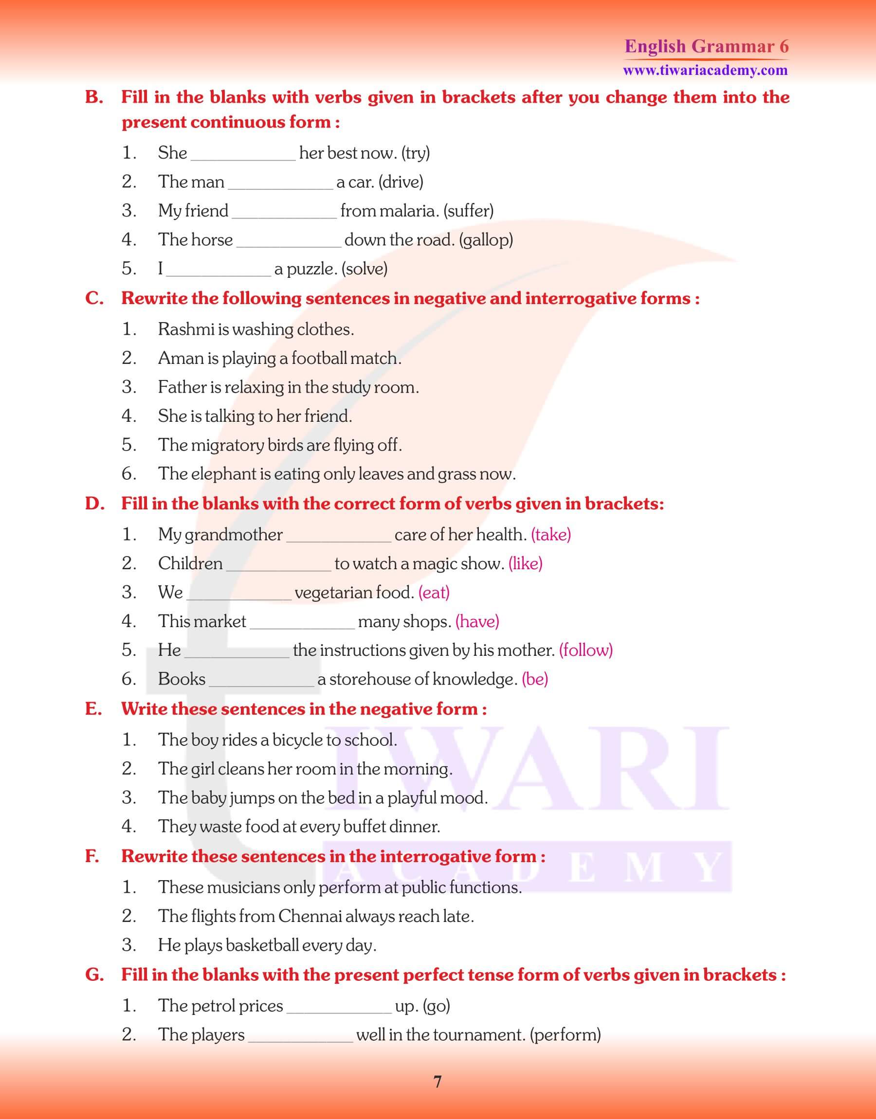 Class 6 Grammar Continuous Tenses Study Notes