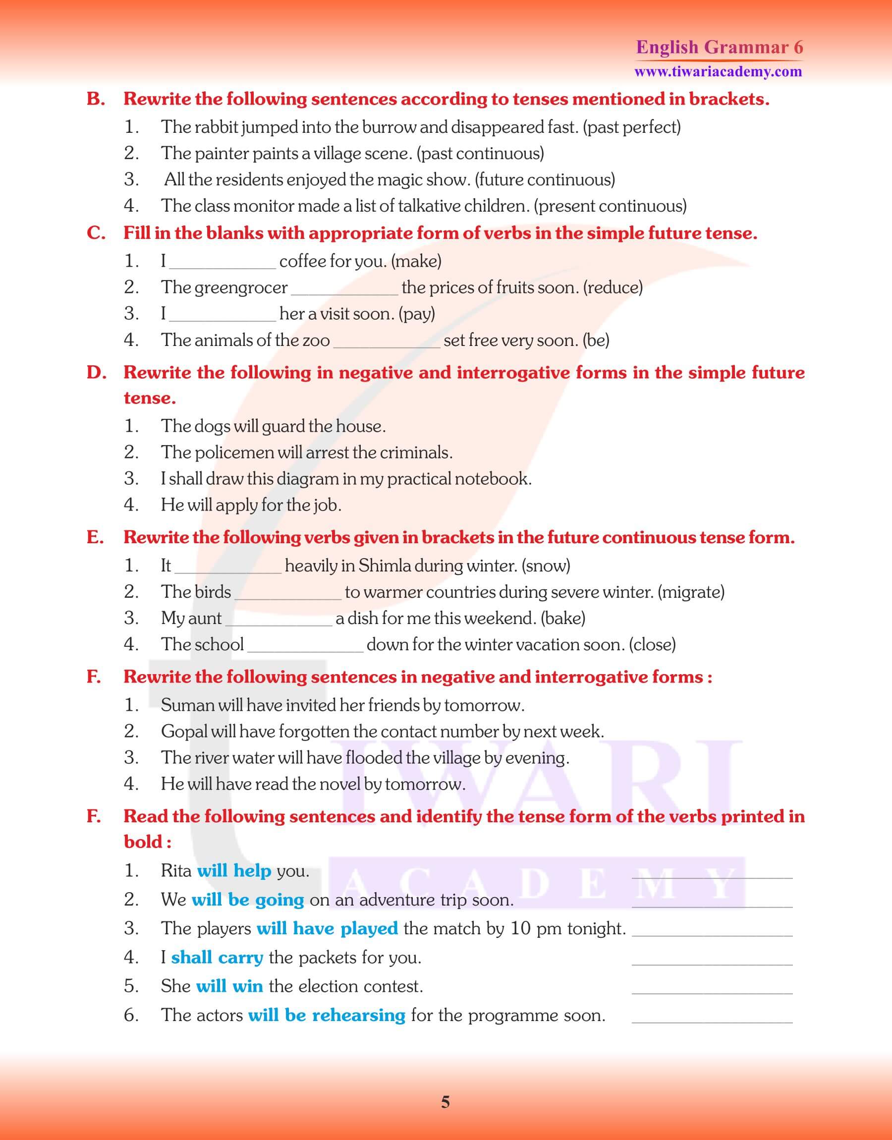 Class 6 Grammar Perfect Continuous Tense Worksheets