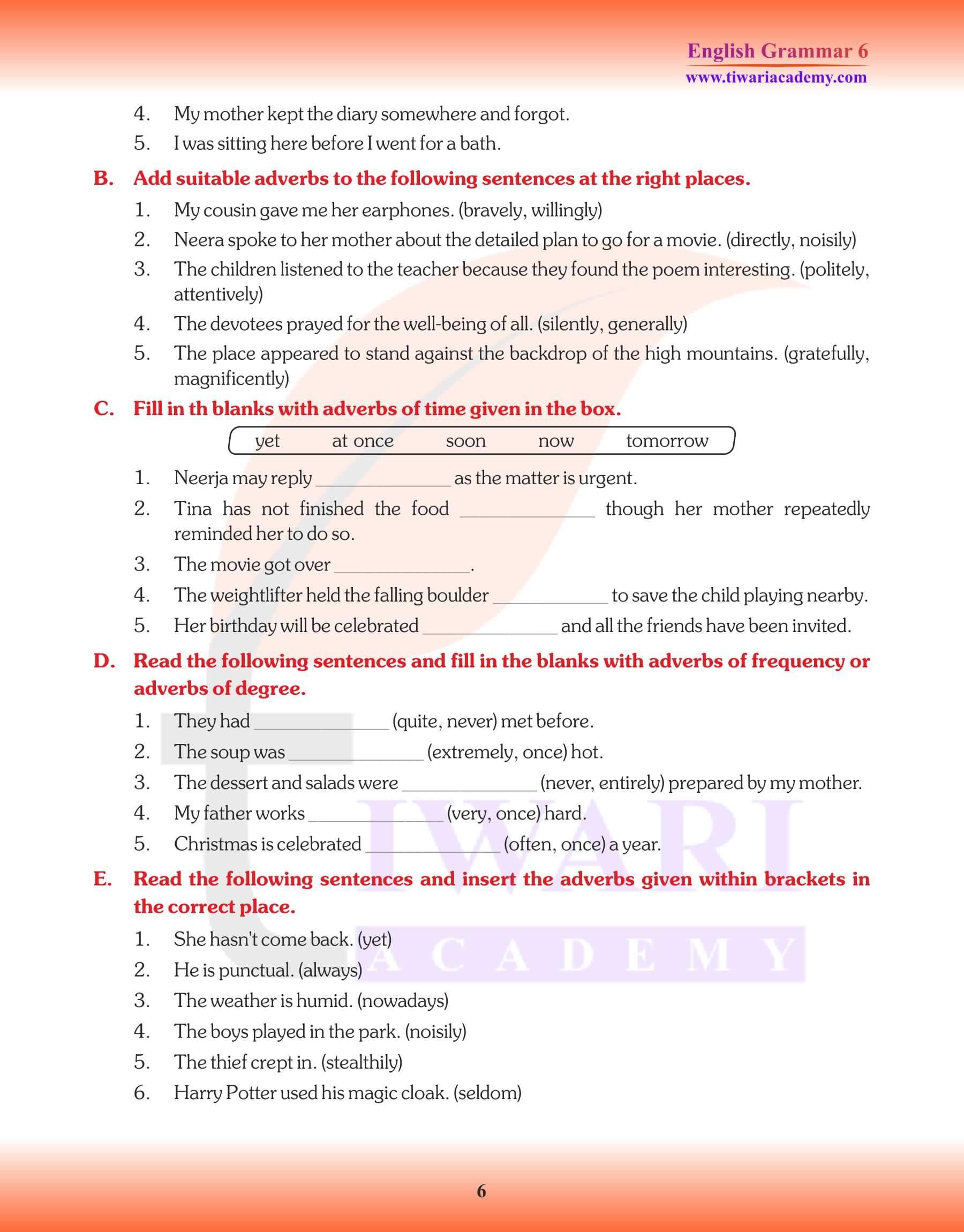 Class 6 English Grammar Adverb Assignments