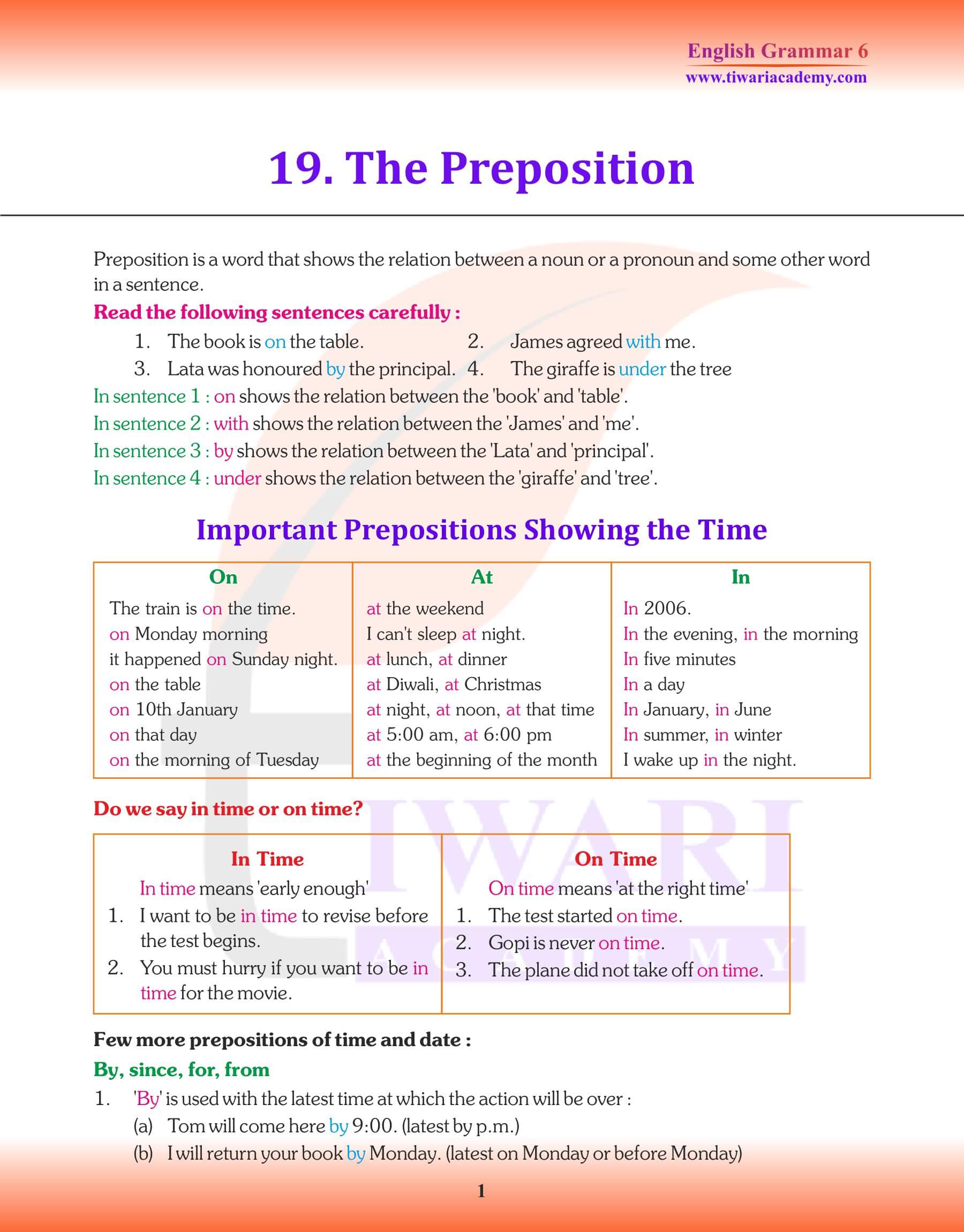 Class 6 Grammar the Preposition notes