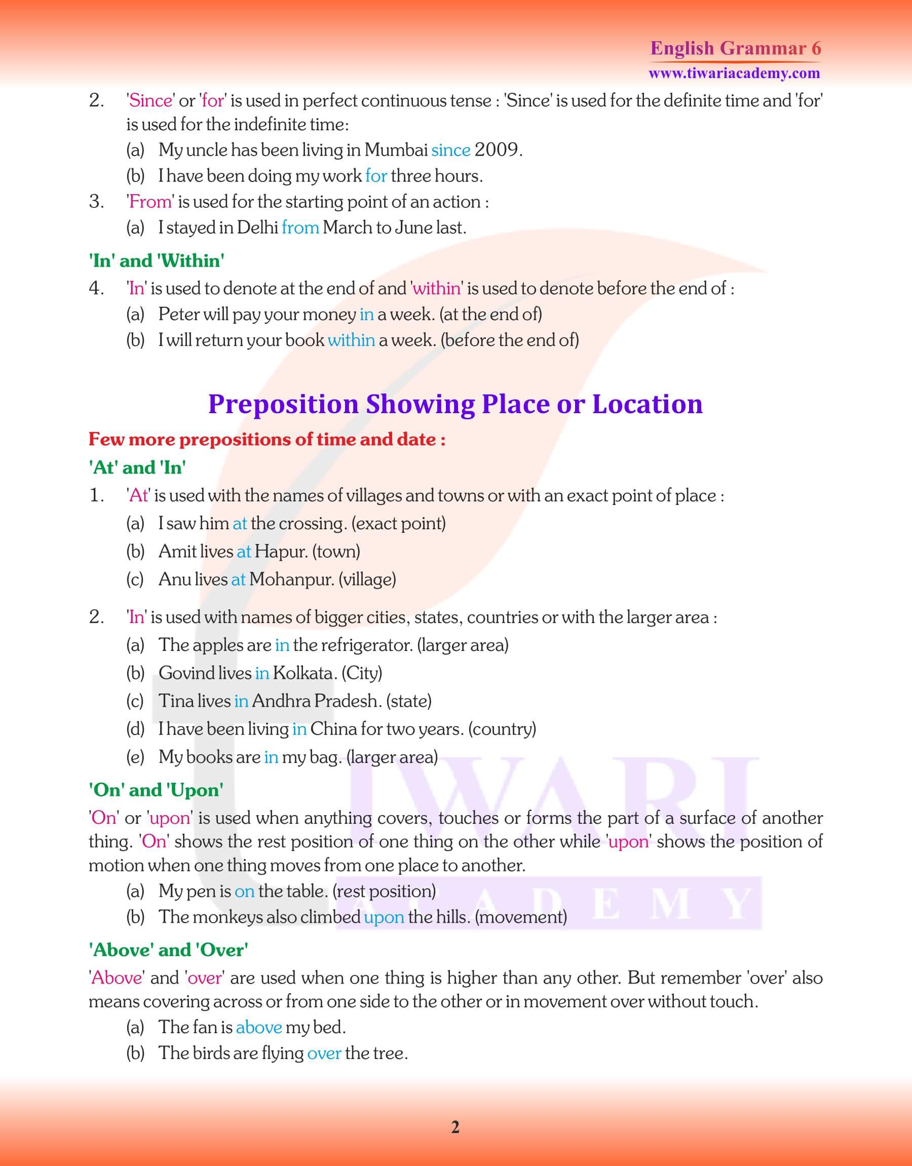 Class 6 Grammar the Preposition Study material