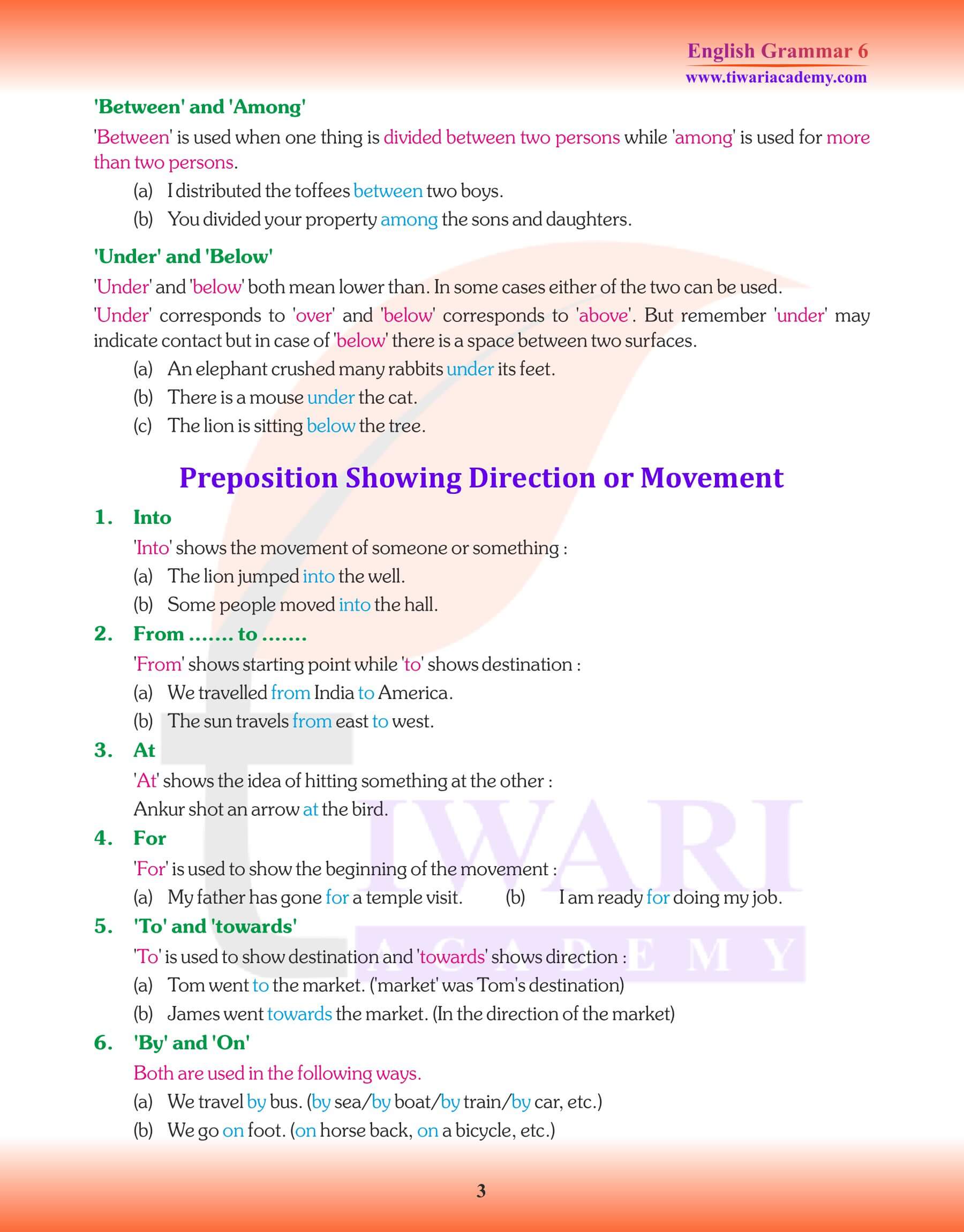 Class 6 Grammar the Preposition Revision book