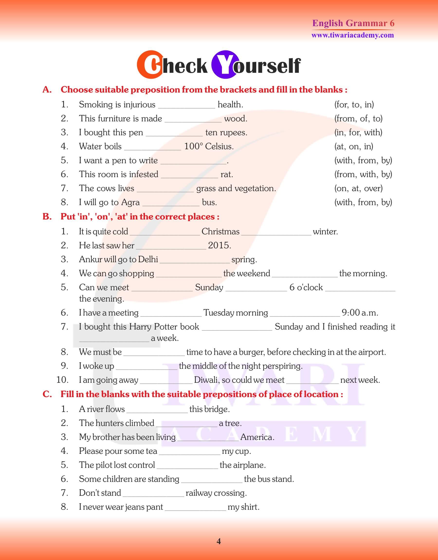 Class 6 Grammar the Preposition Exercises