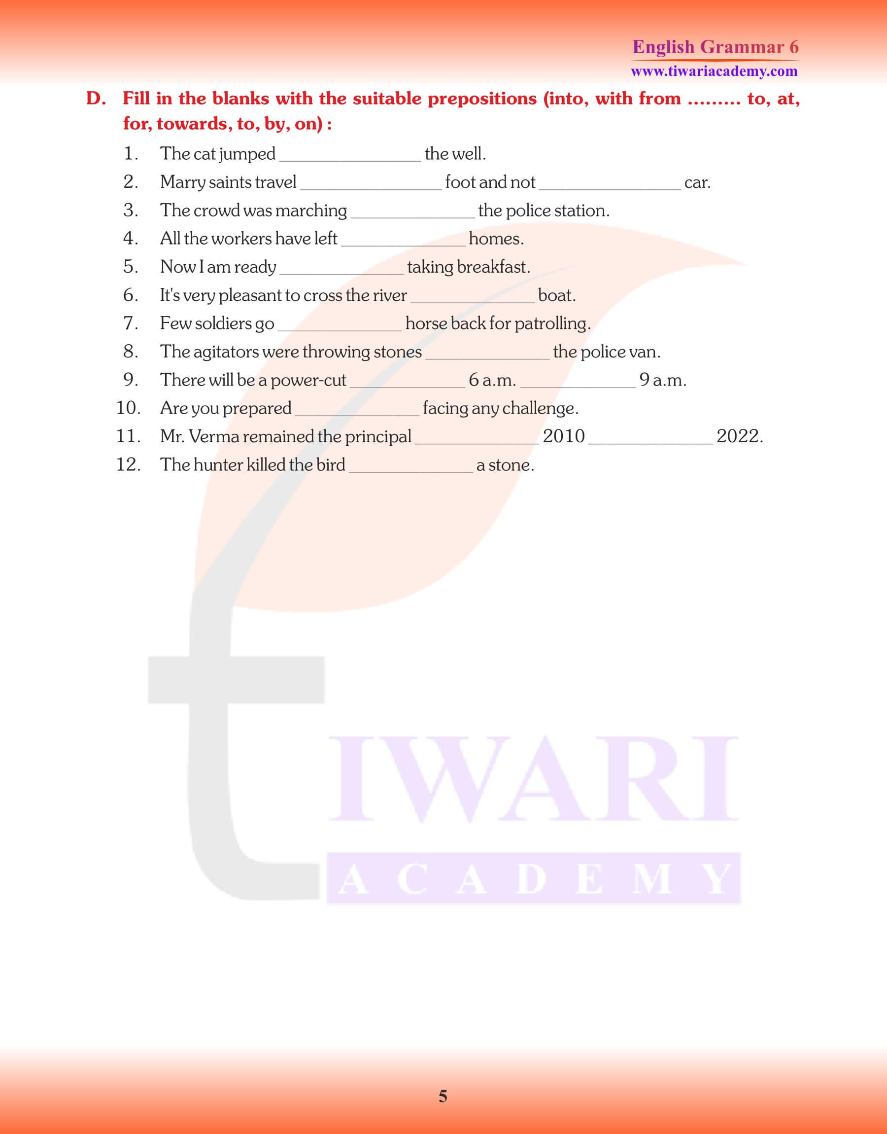 Class 6 Grammar the Preposition Worksheets