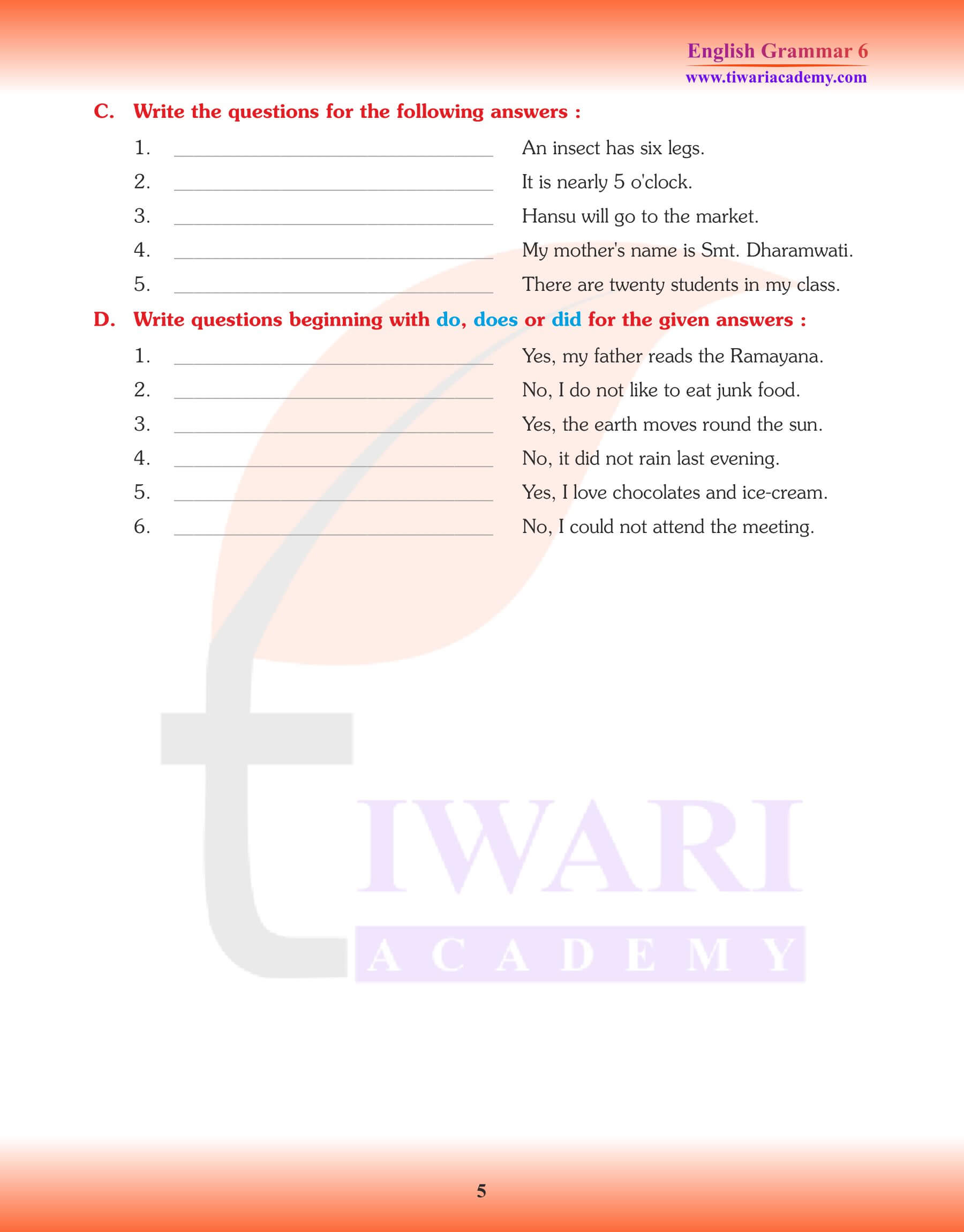 Class 6 Grammar Parts of the Sentence Worksheets