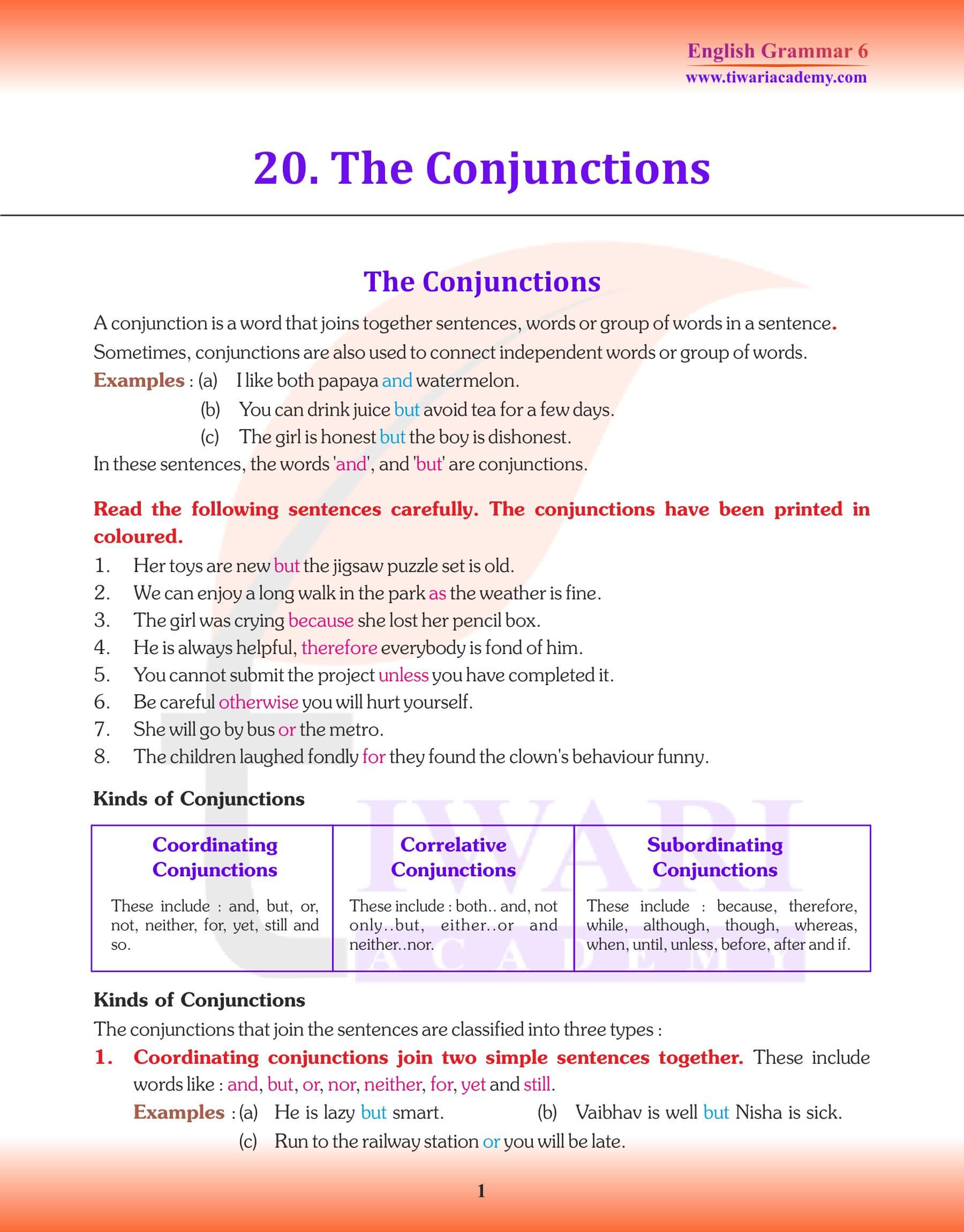 Class 6 English Grammar Conjunction Study Material