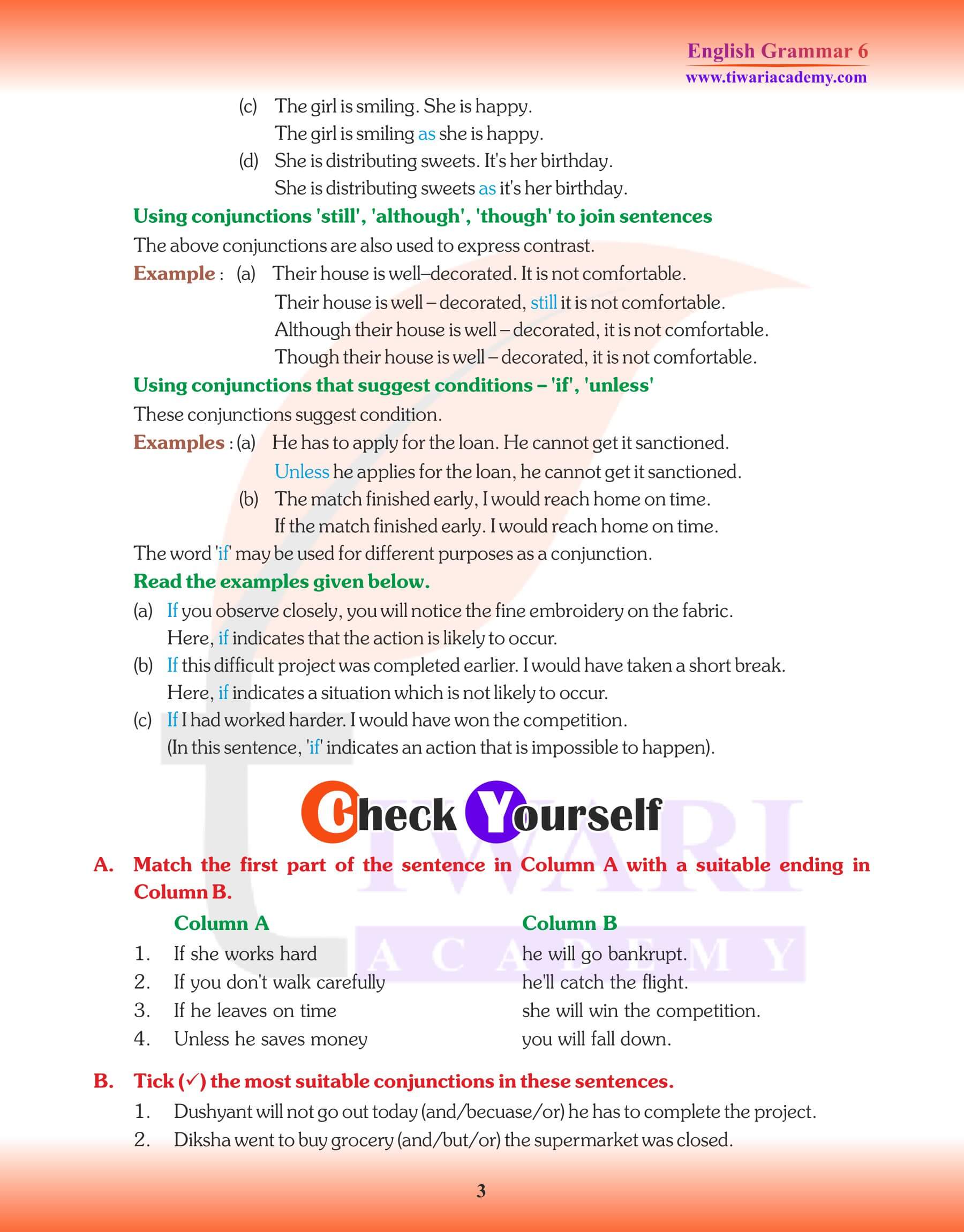 Class 6 English Grammar Conjunction exercises