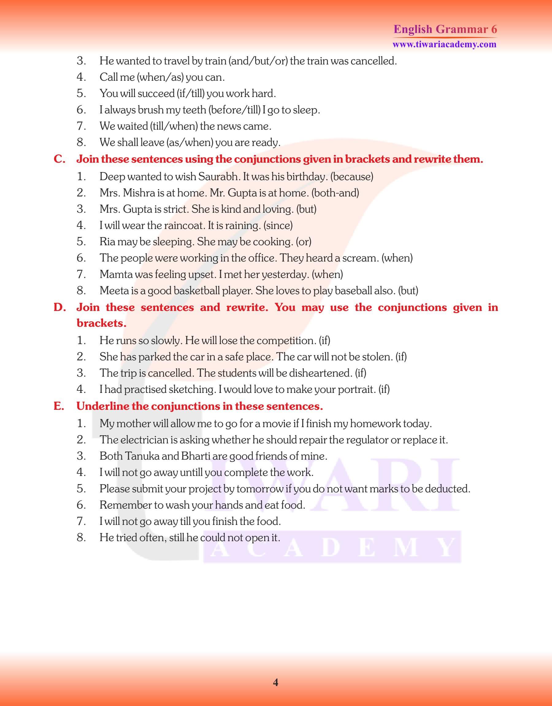Class 6 English Grammar Conjunction Worksheets