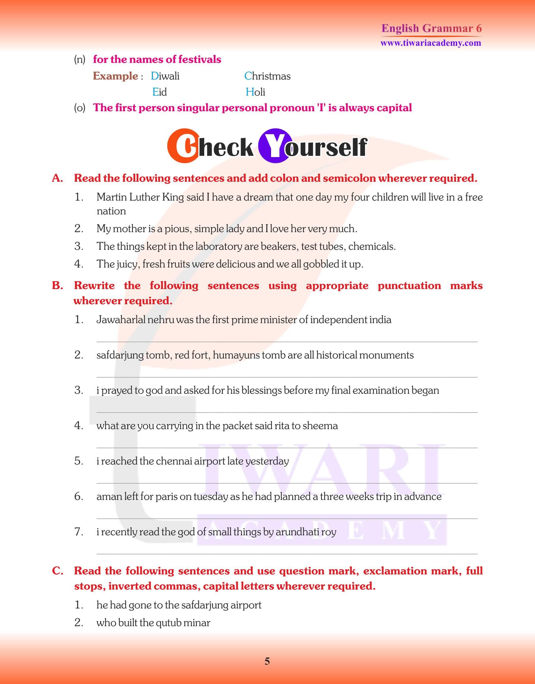 Class 6 English Grammar Punctuation Question answers