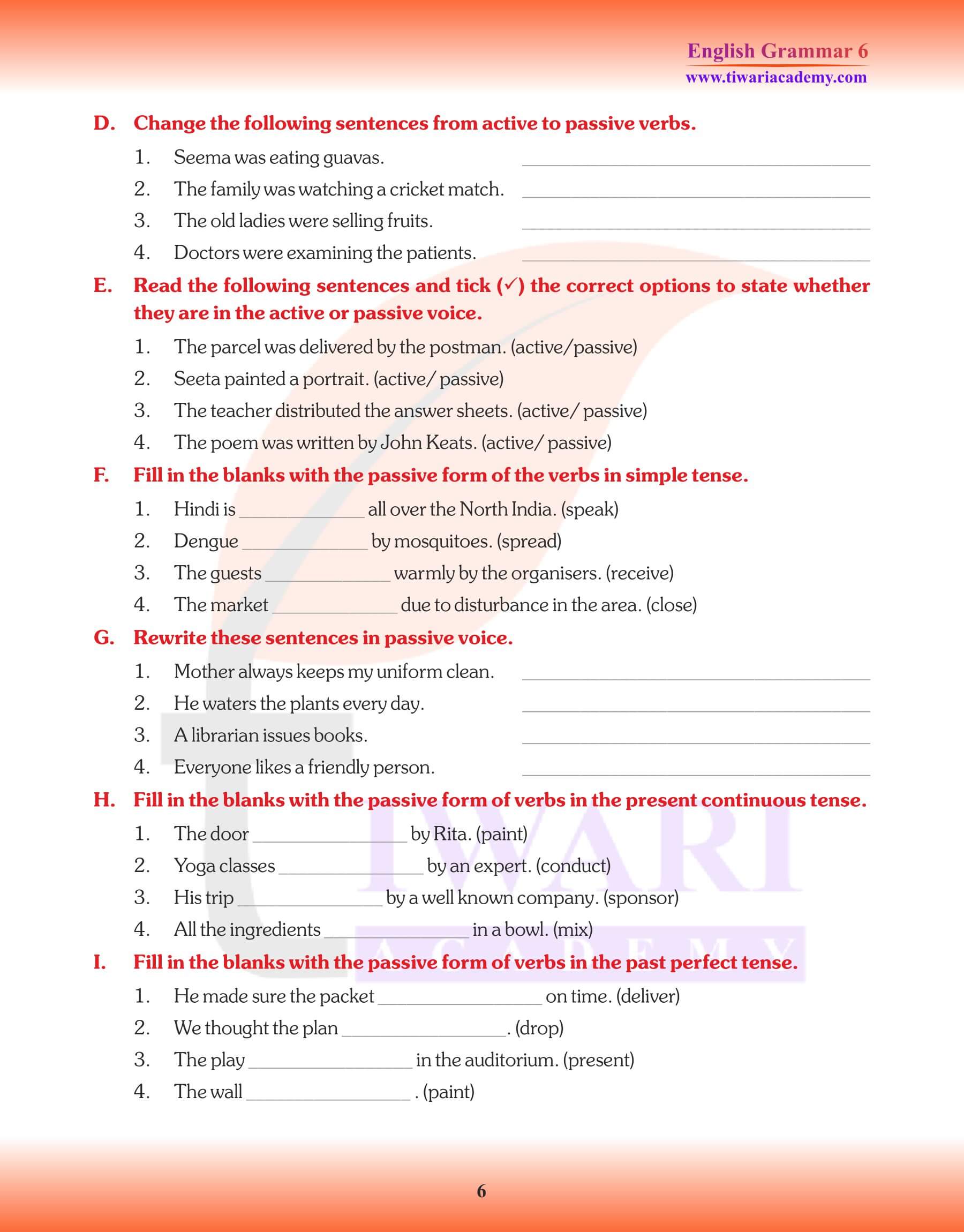 Class 6 Grammar Active and Passive Voice Worksheets