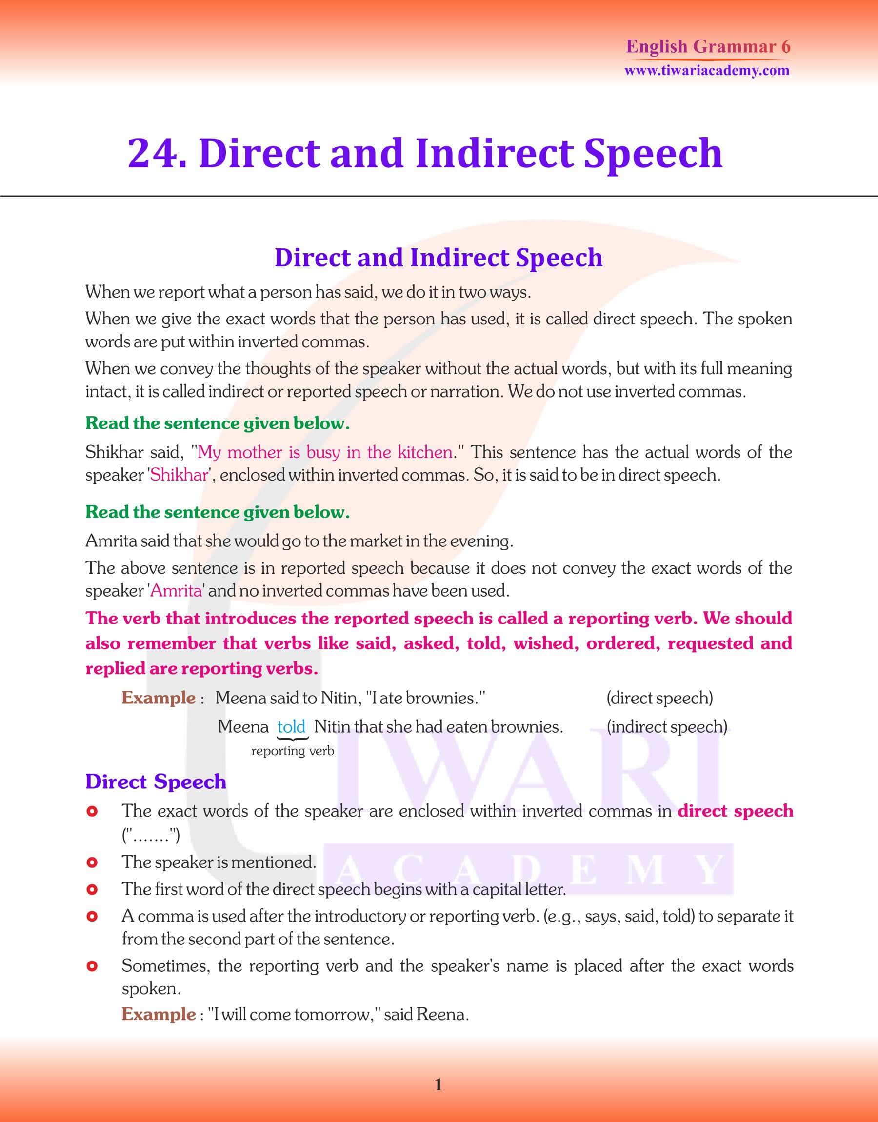 Class 6 Grammar Direct and Indirect Speech Assignments