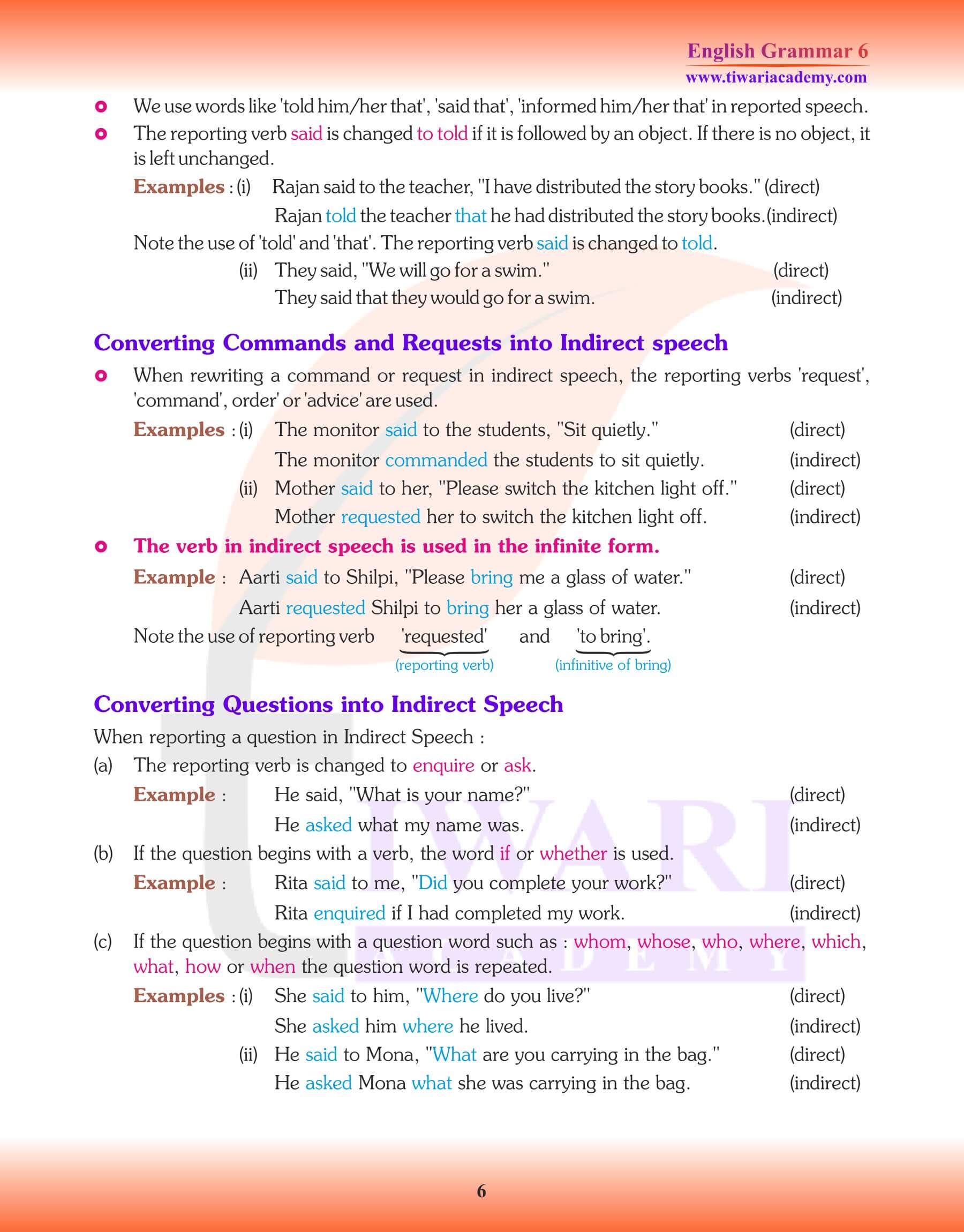 Class 6 Grammar Direct and Indirect Speech Answers