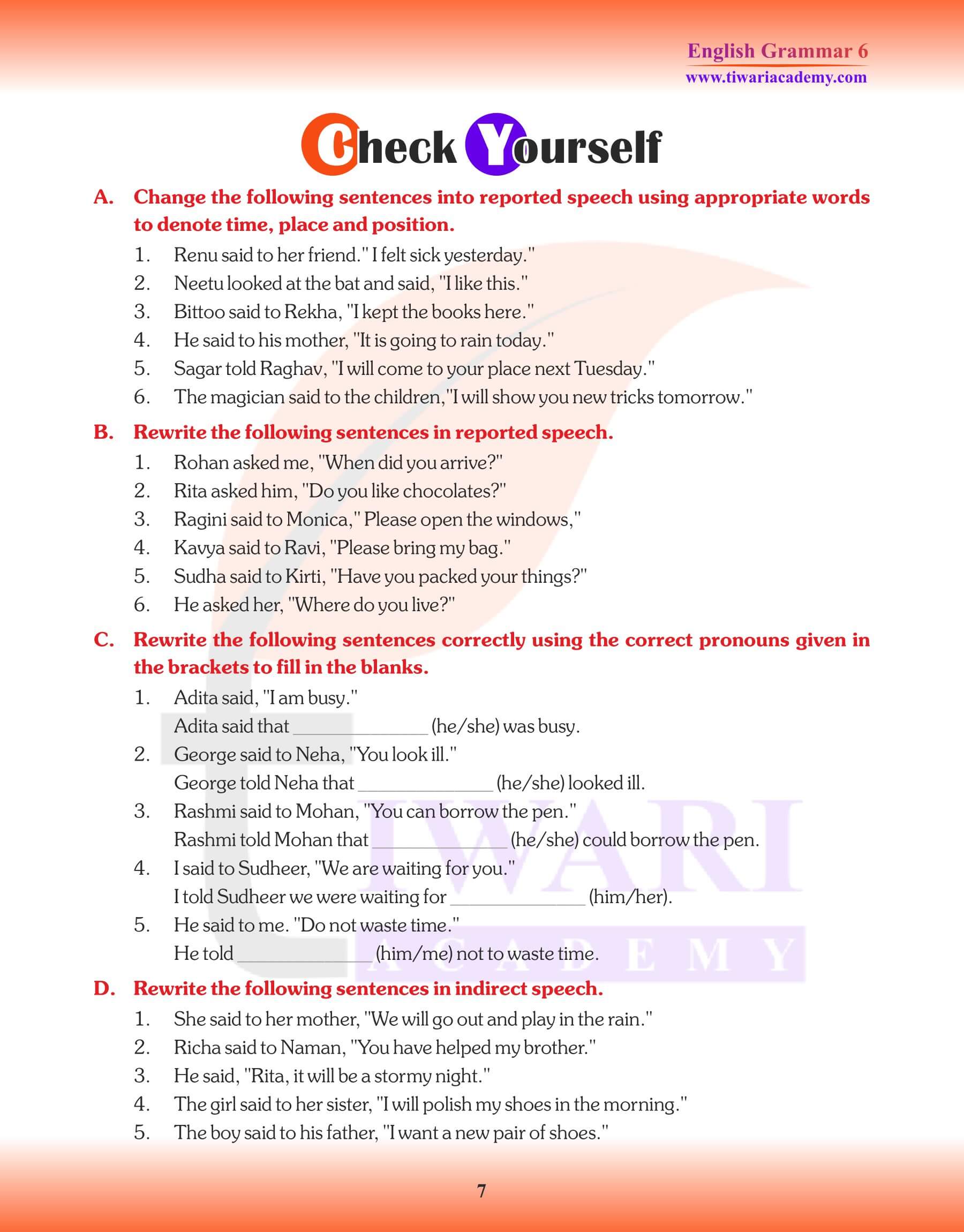 Class 6 Grammar Direct and Indirect Speech Question Answers