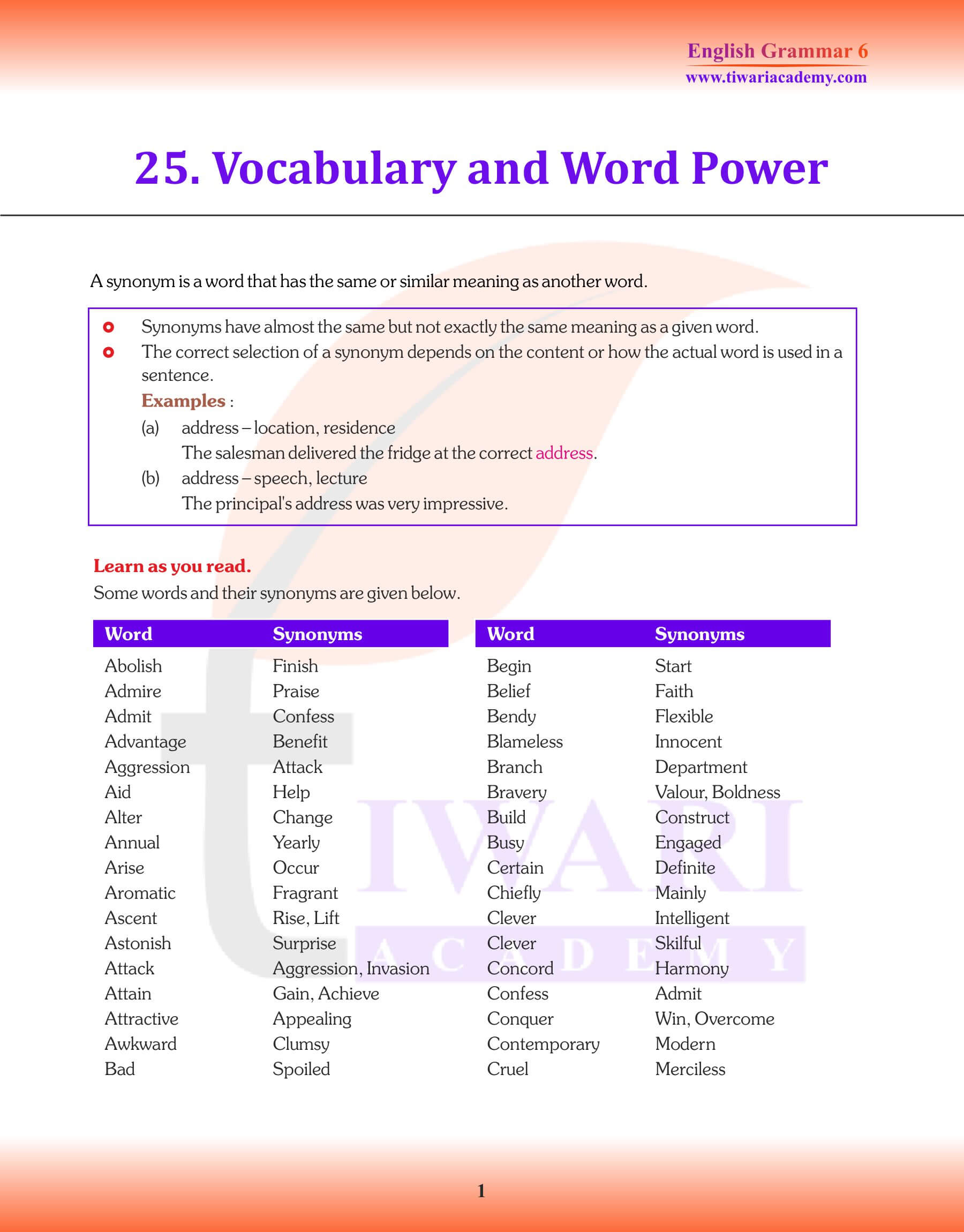 Class 6th English Grammar Vocabulary and Word Power