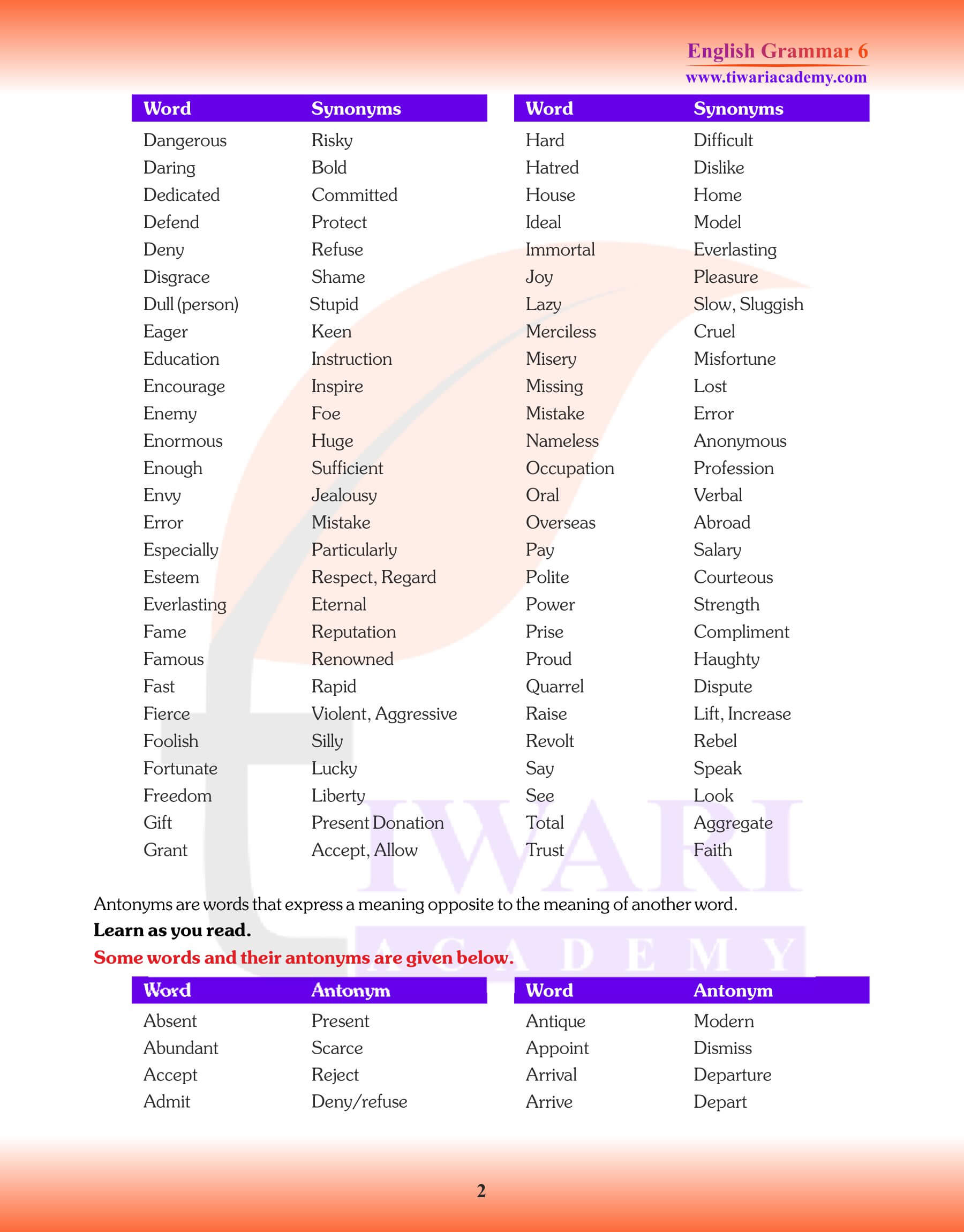 Class 6th English Grammar Vocabulary and Word Power Study Material