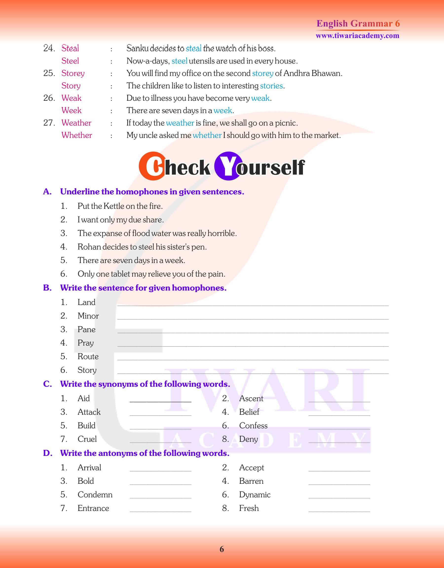Class 6th English Grammar Vocabulary and Word Power Question Answers