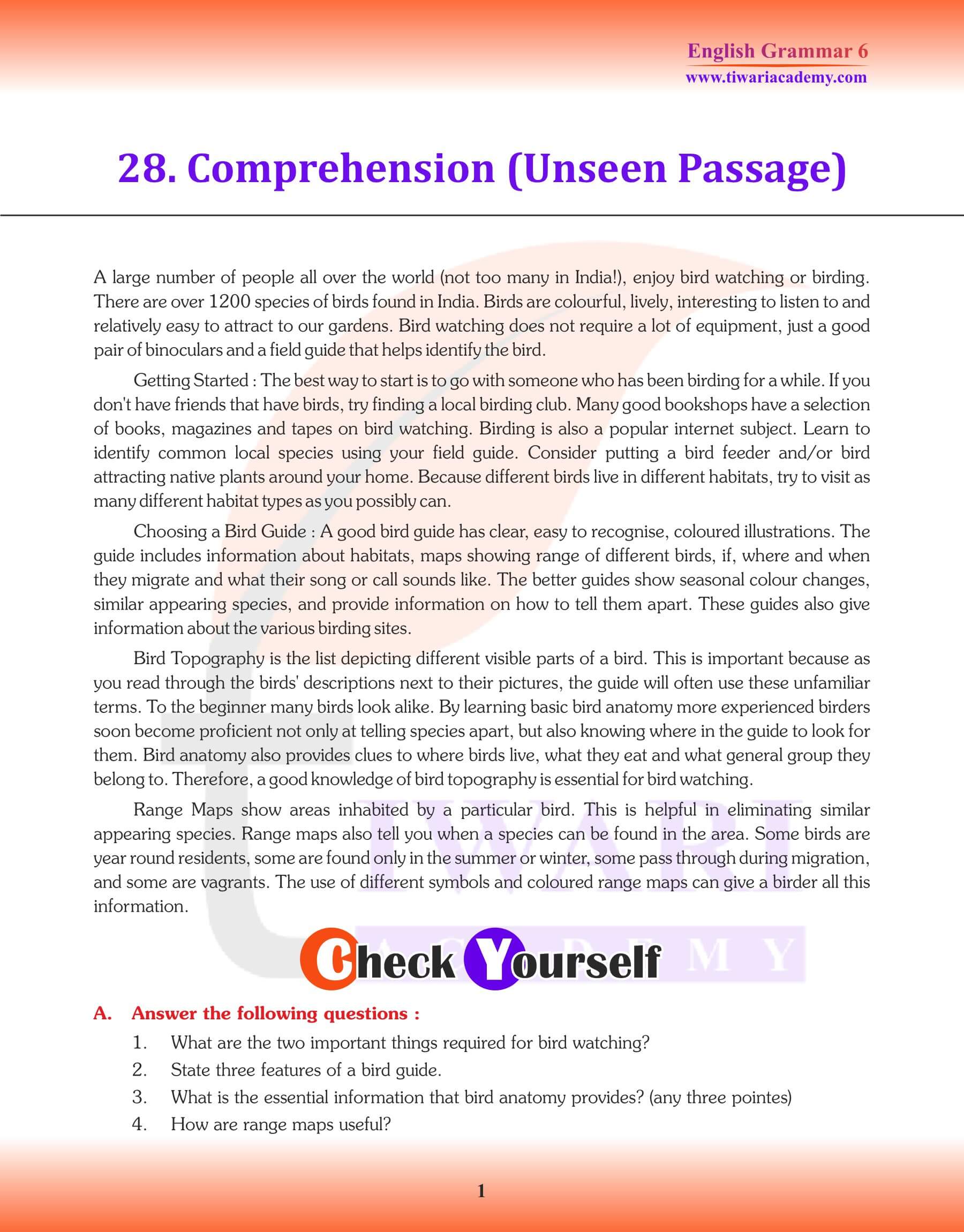 Class 6 Grammar Unseen Passage Comprehension Revision