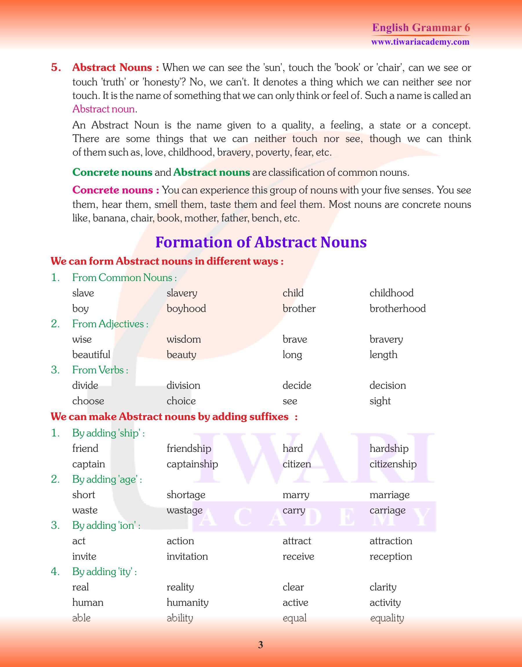 Class 6 Grammar Worksheets of Noun