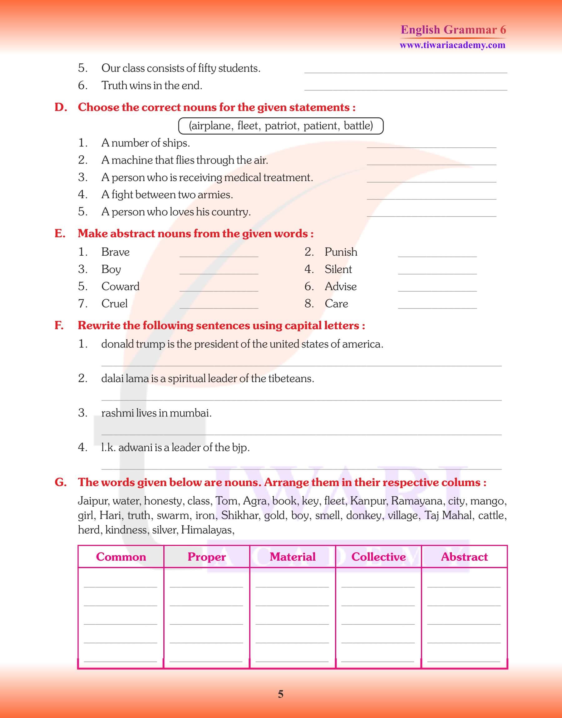 Class 6 Grammar Practice of Noun