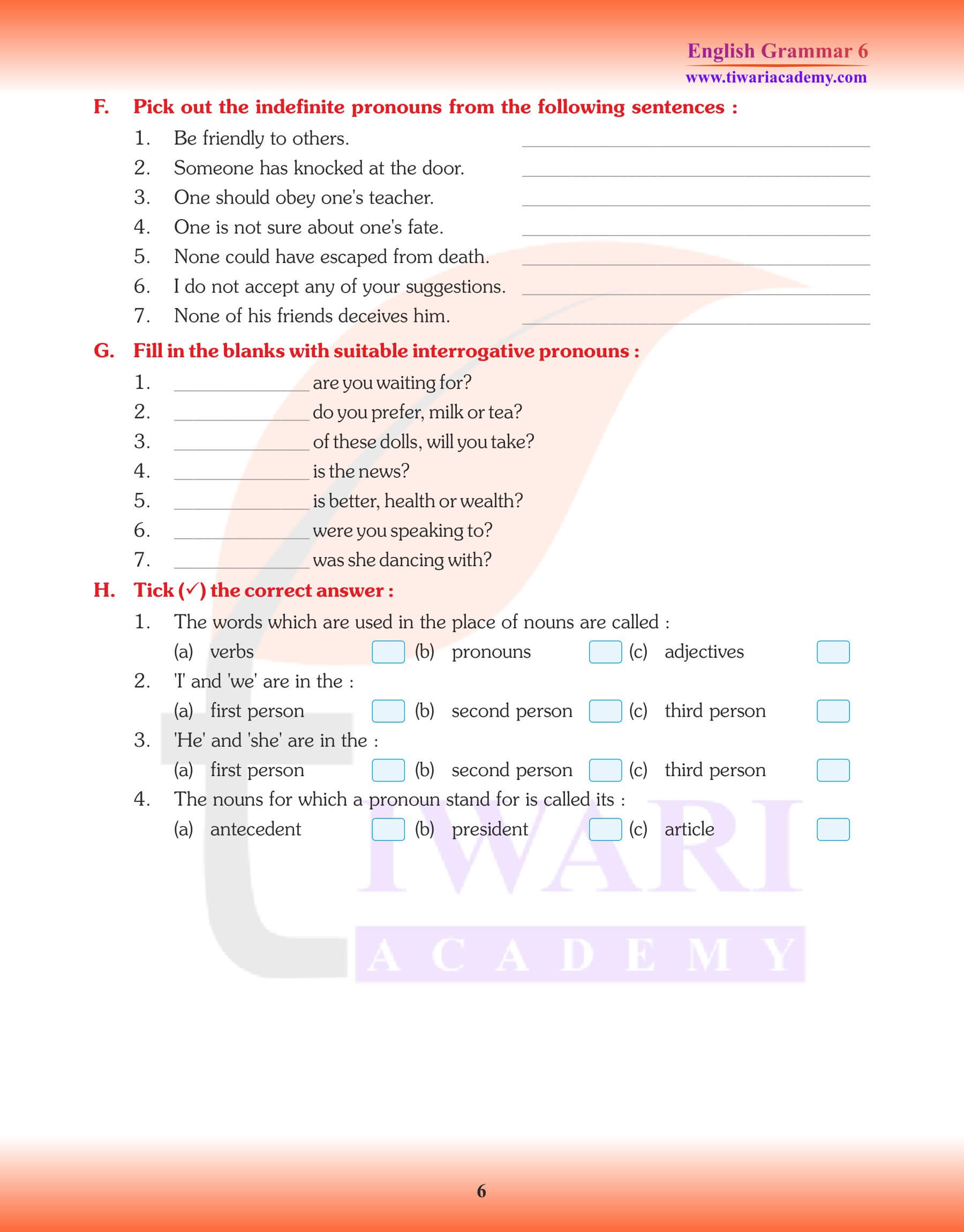 Class 6 English Grammar Pronoun worksheets