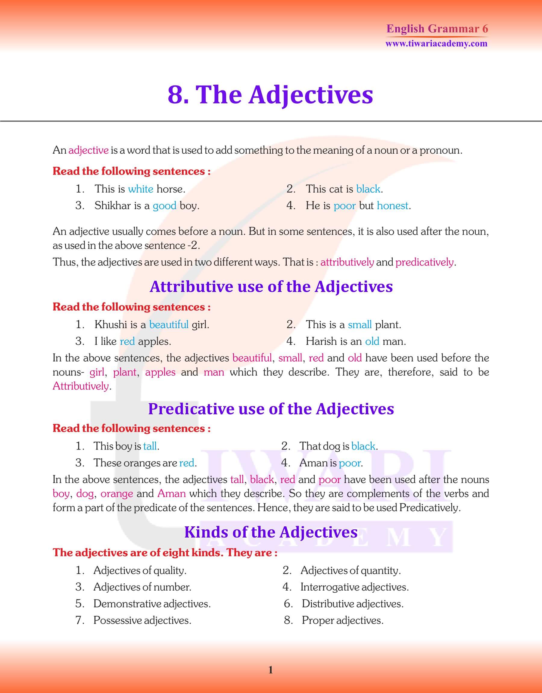 Class 6 Grammar The Adjective notes