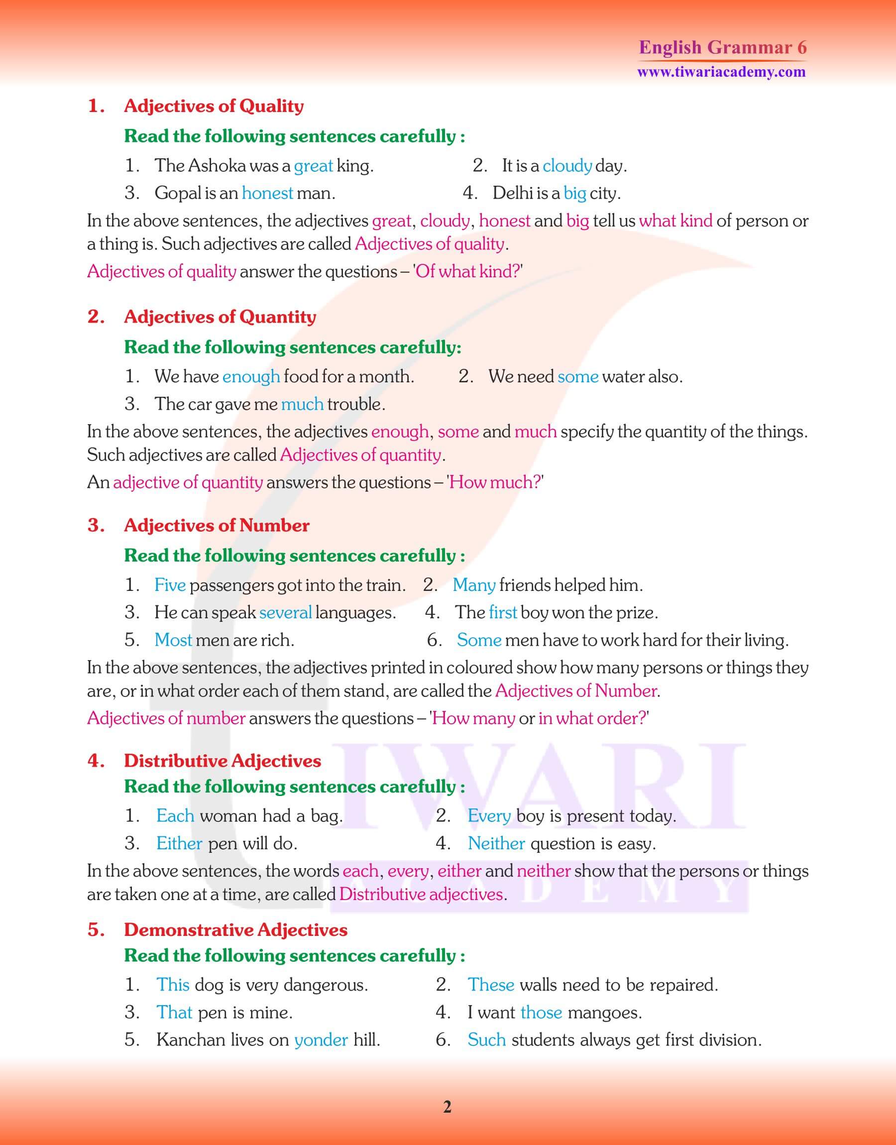 Class 6 Grammar The Adjective Assignments