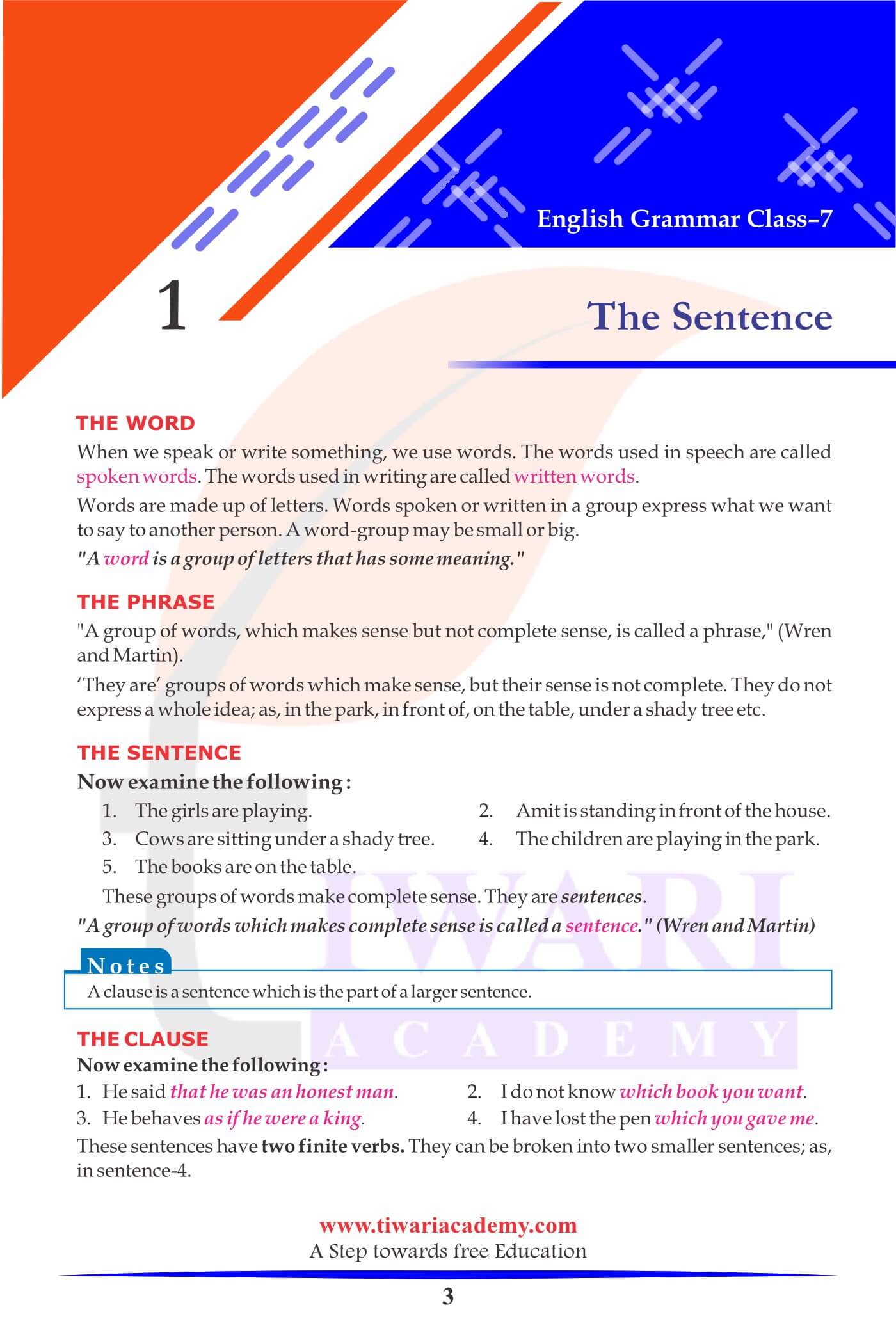 Class 7 English Grammar Chapter 1 The Sentence