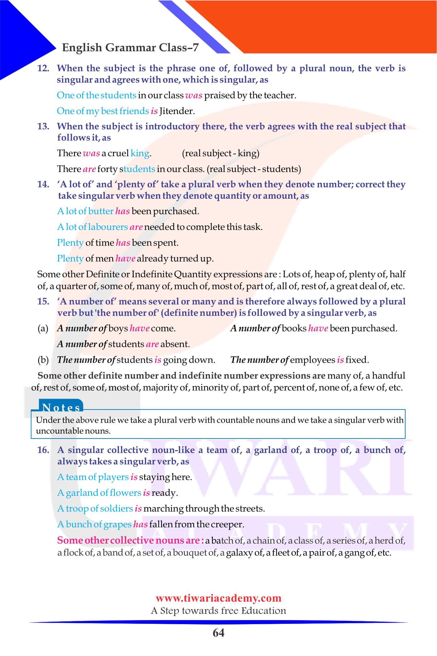 Class 7 English Grammar Chapter 10 Agreement of Verbs with examples