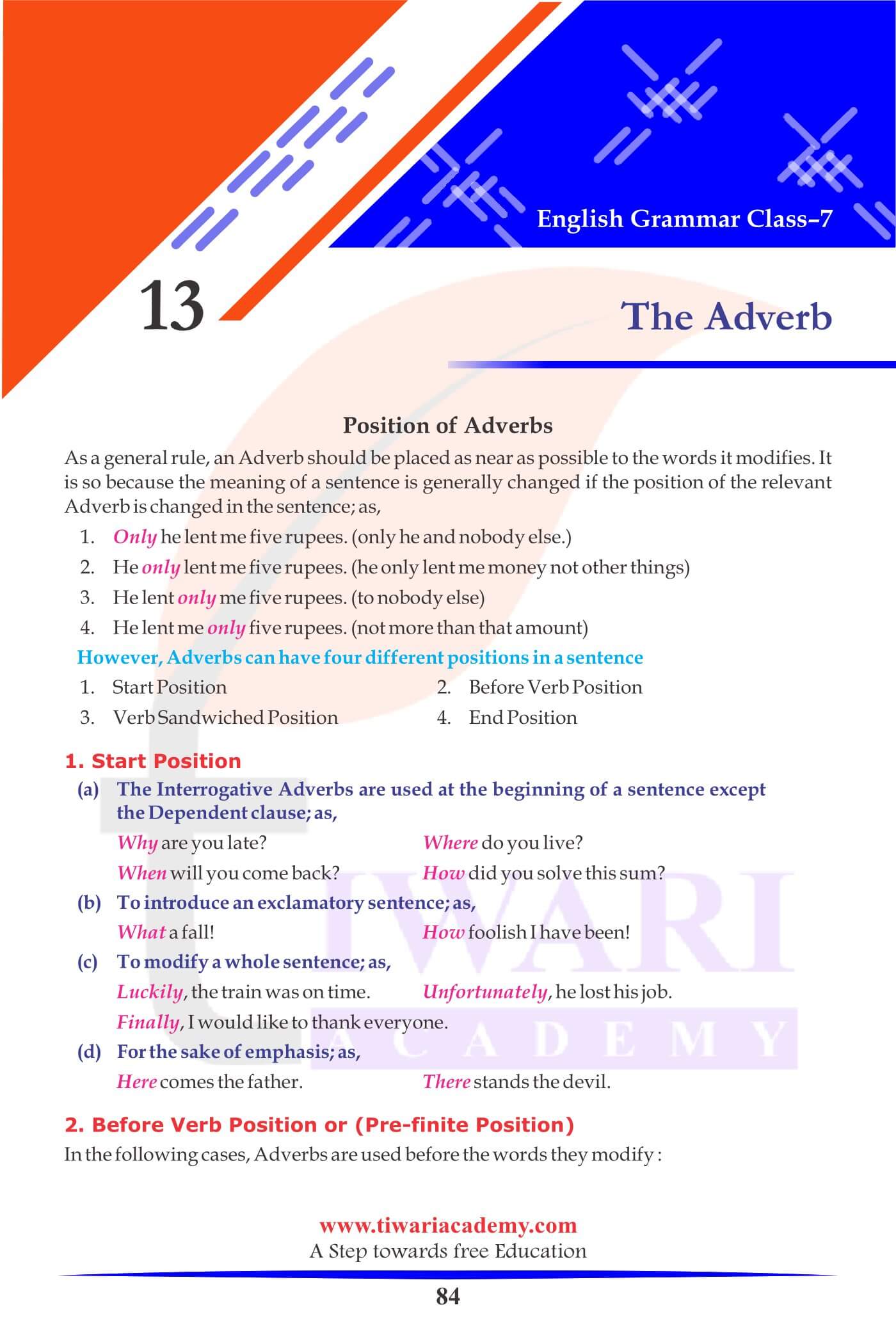 Class 7 English Grammar Chapter 13 The Adverb