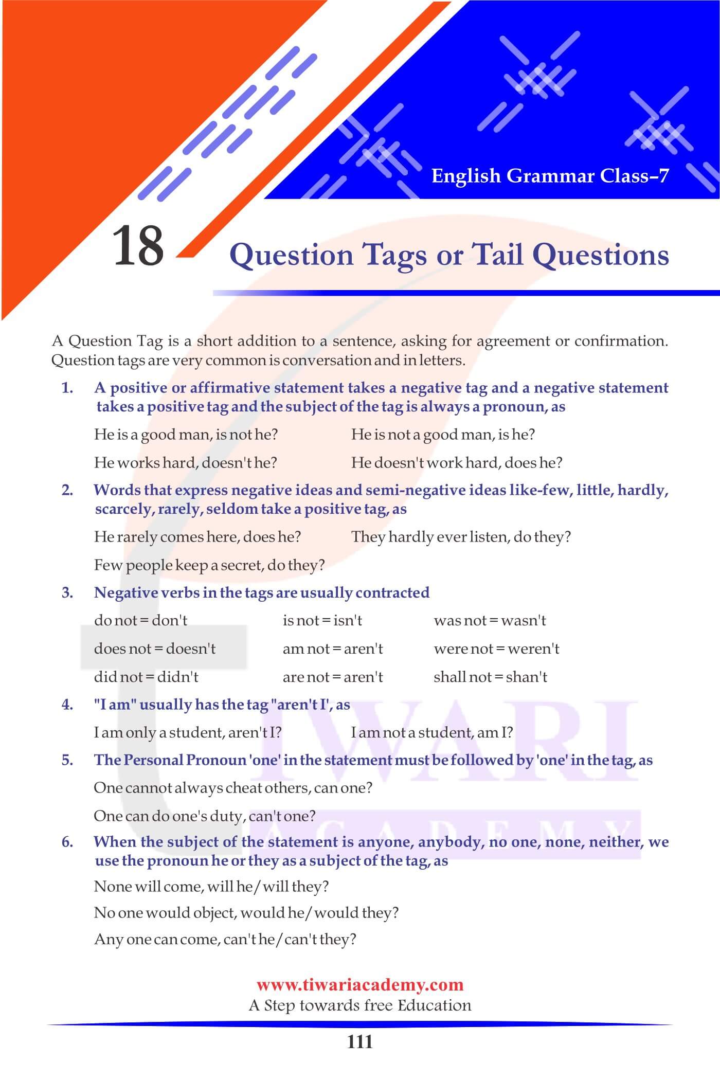 Class 7 English Grammar Chapter 18 Study Notes