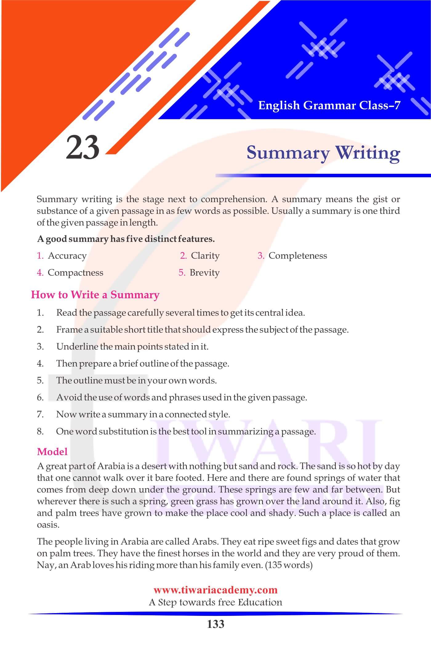 Class 7 English Grammar Summary Writing