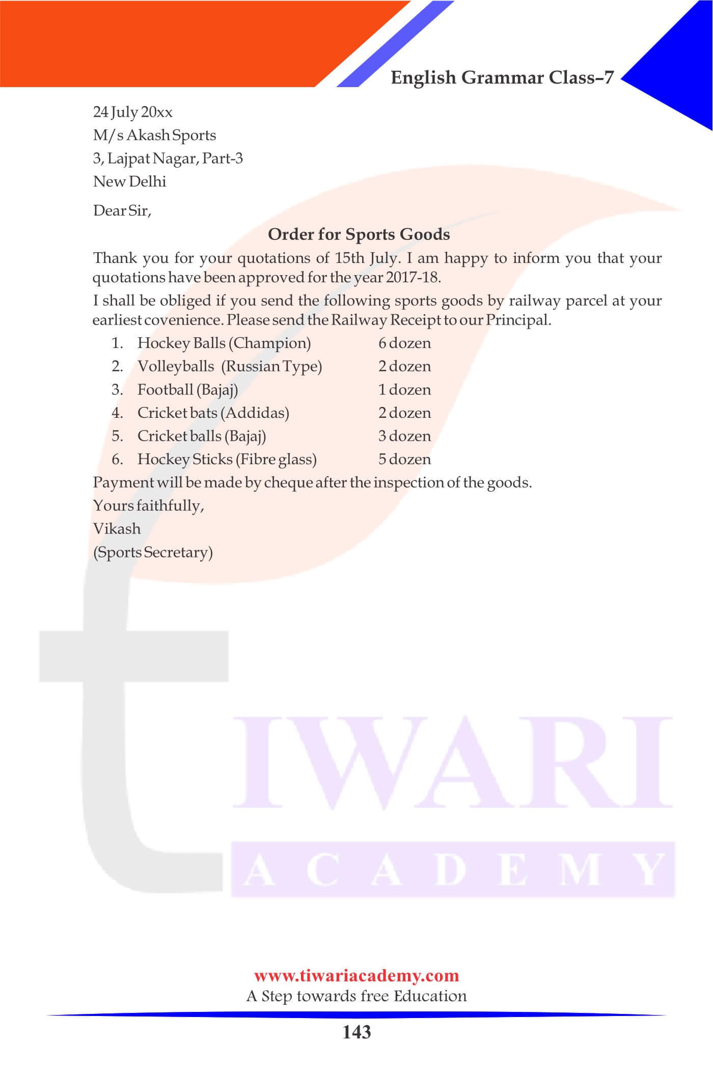 Class 7 English Grammar Letter Writing