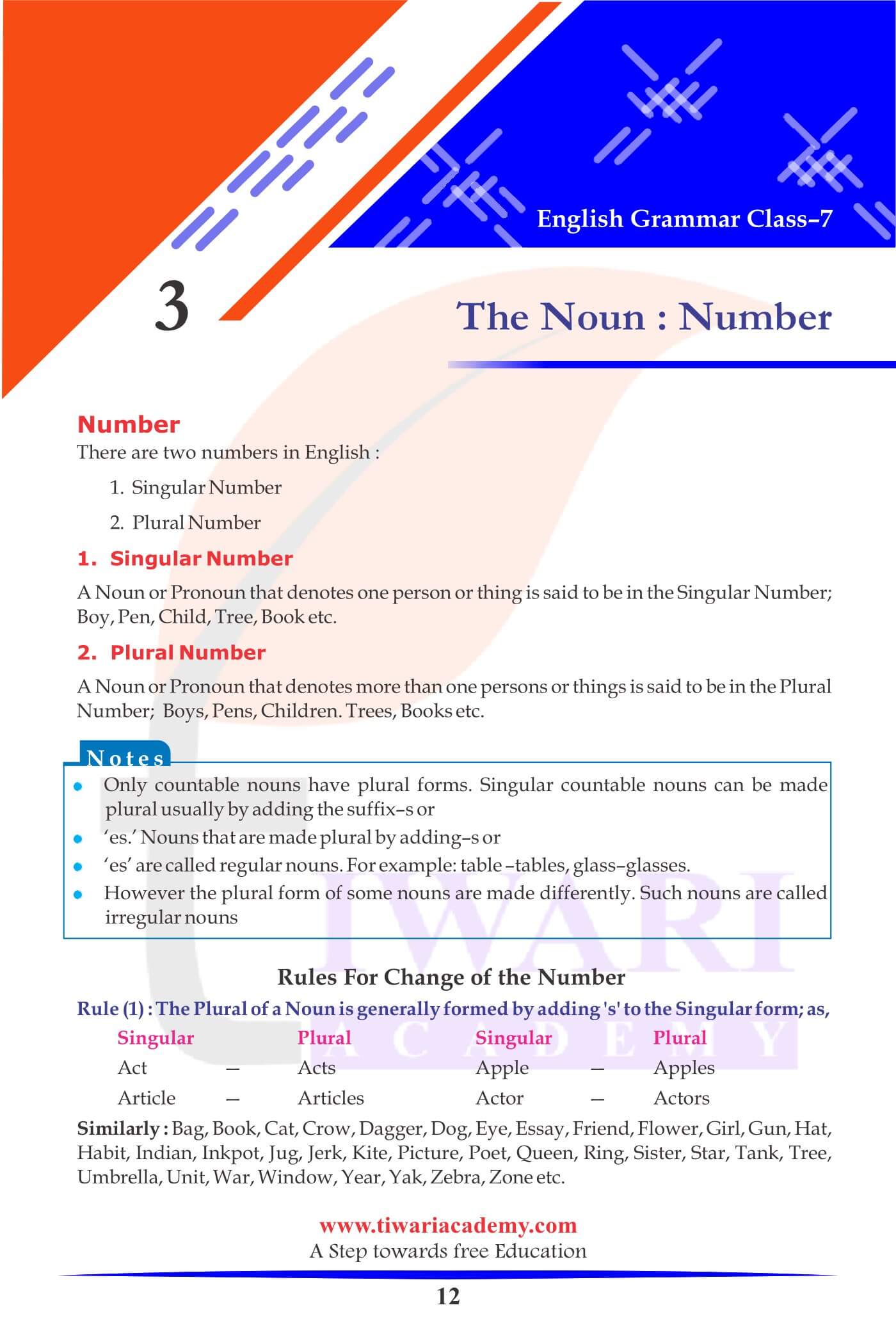 Class 7 Grammar Chapter 3 The Noun Numbers