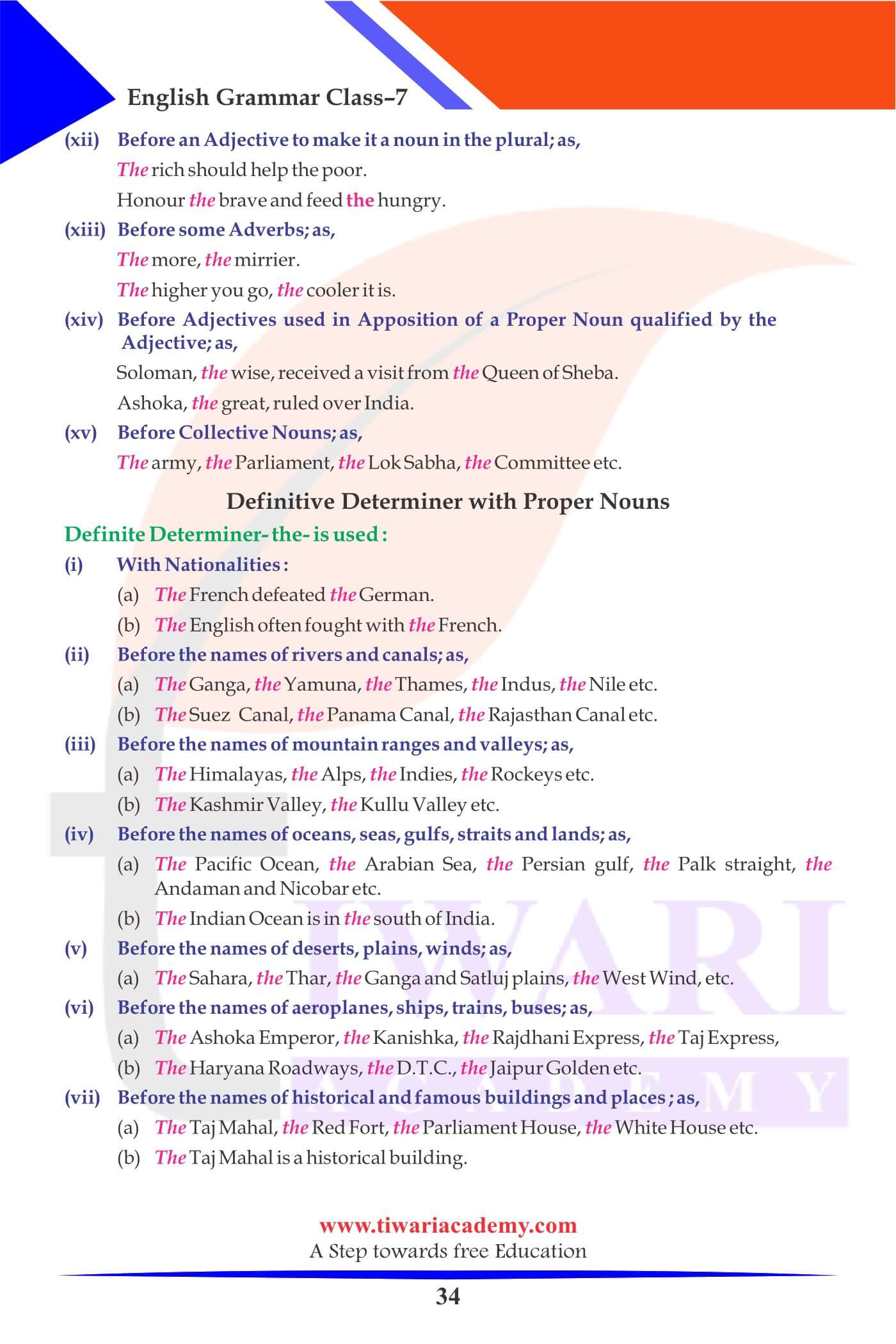 Class 7 English Grammar Chapter 6 Types of Determiner