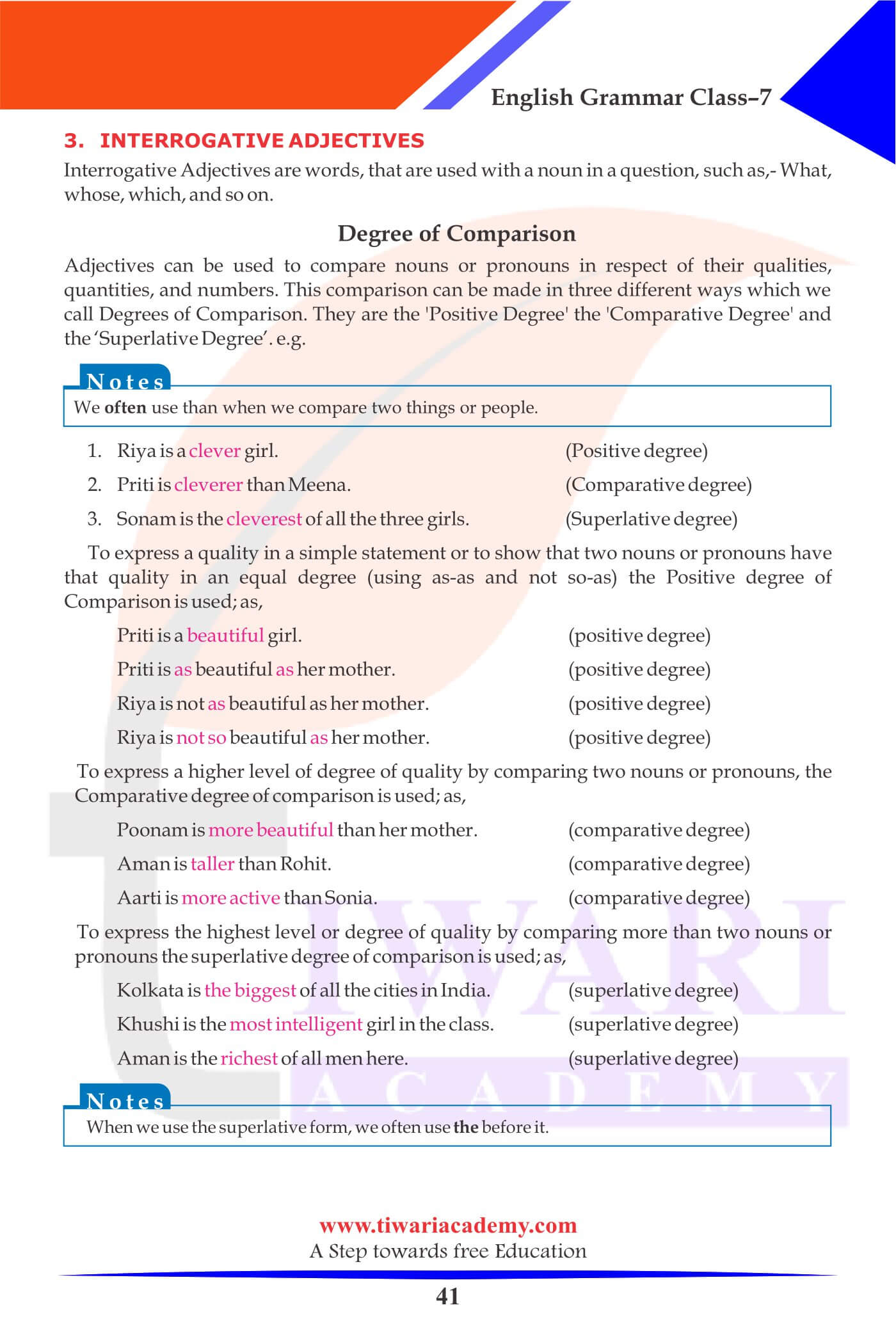 Class 7th English Grammar Chapter 7 The Adjective
