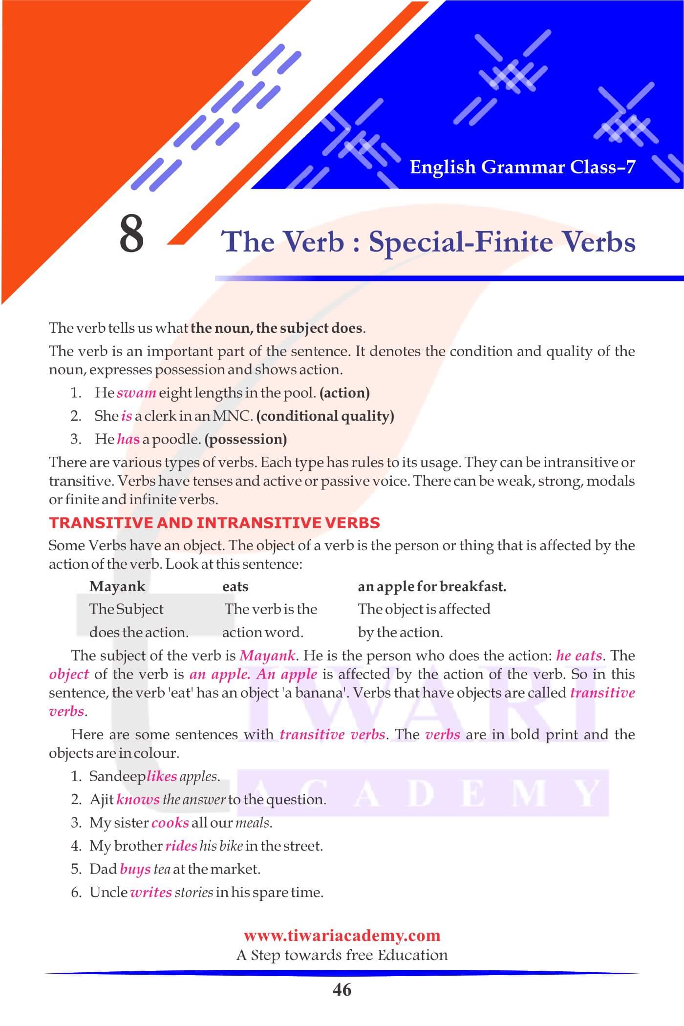 Class 7 English Grammar Chapter 8 The Finite Verbs