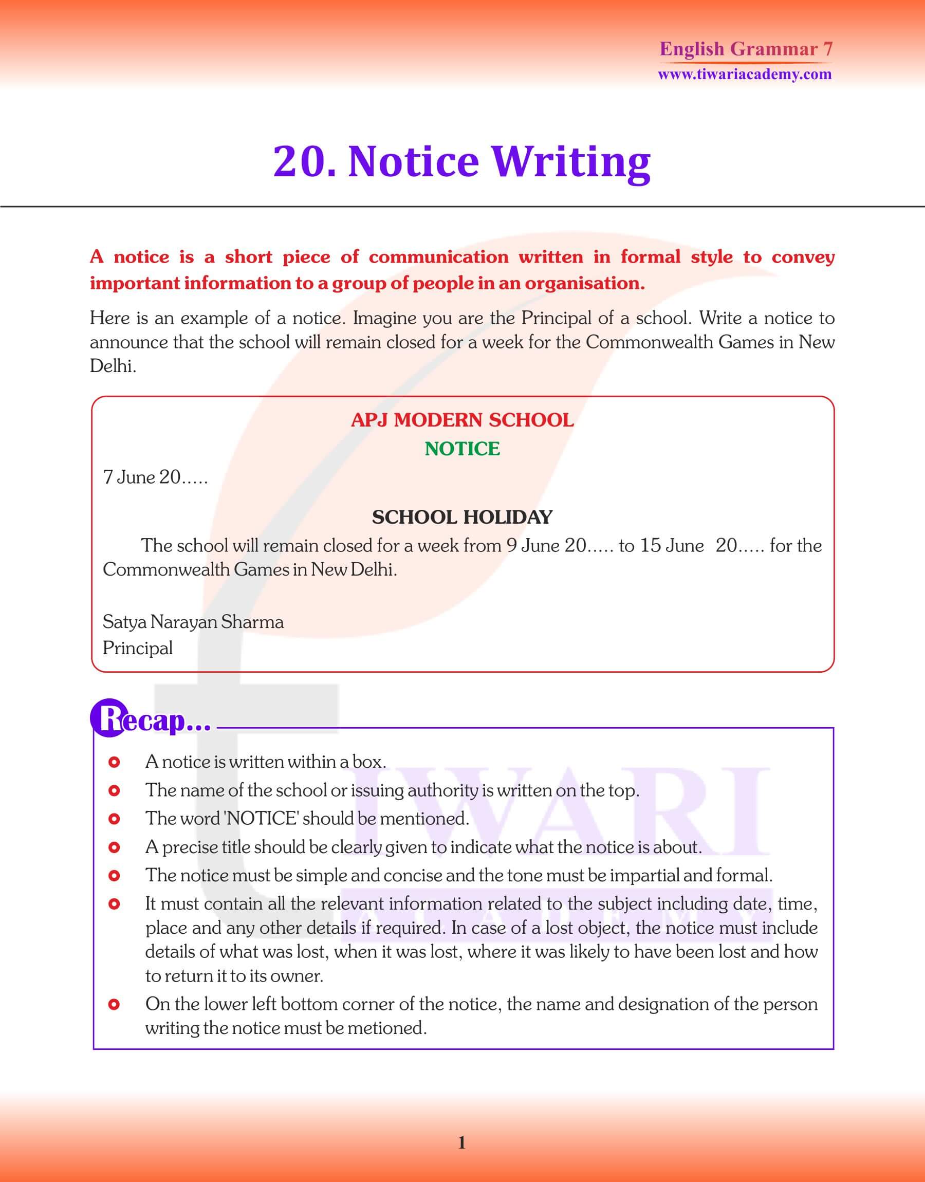 Class 7 English Grammar Chapter 20 Revision Book Notice Writing