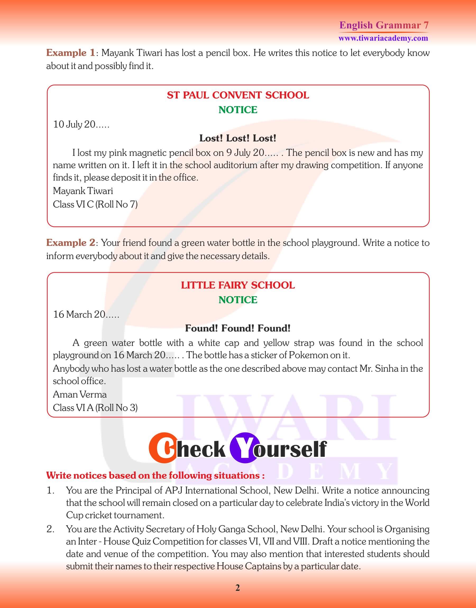 Class 7 English Grammar Chapter 20 Study Material Notice