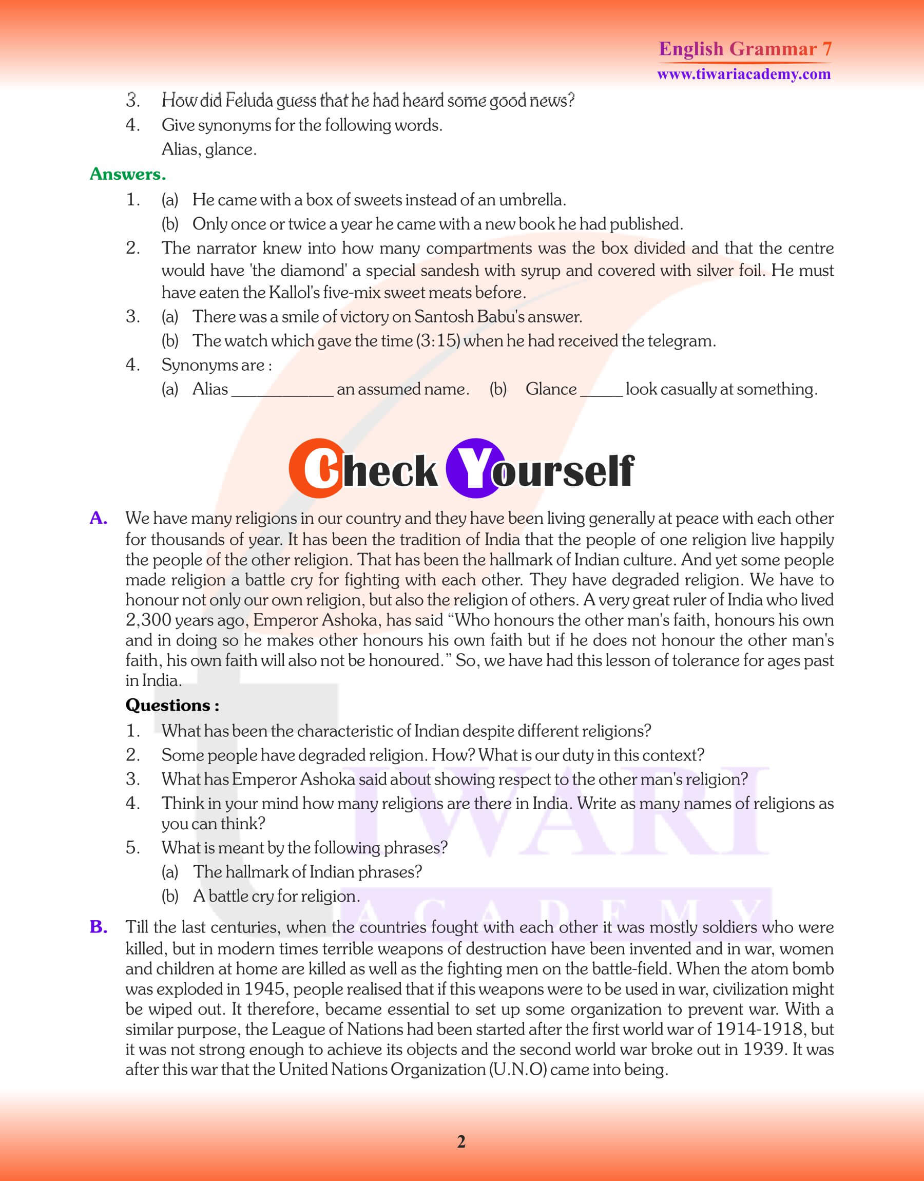 Class 7 English Grammar Comprehension Exercises
