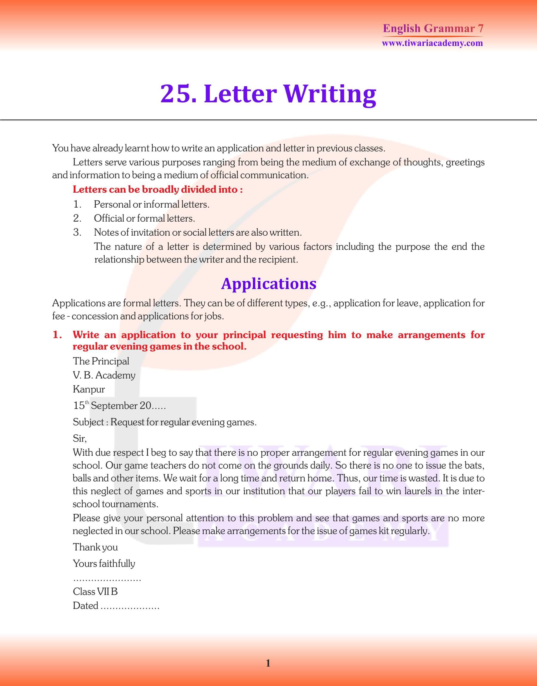 Class 7 English Grammar Letter Writing Revision